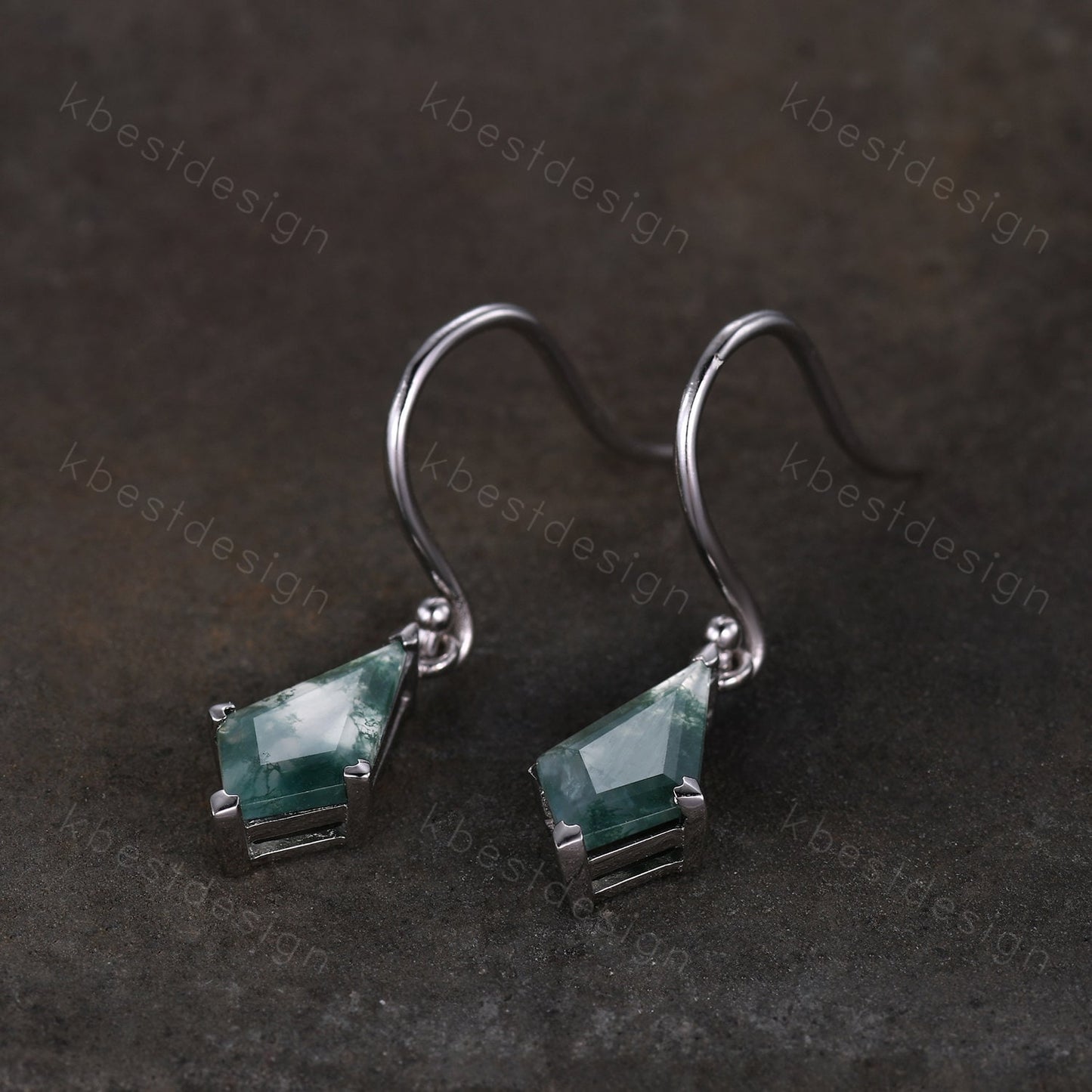 Vintage kite cut moss agate earrings silver green agate drop earrings unique hook earrings women art deco earring anniversary gift for her