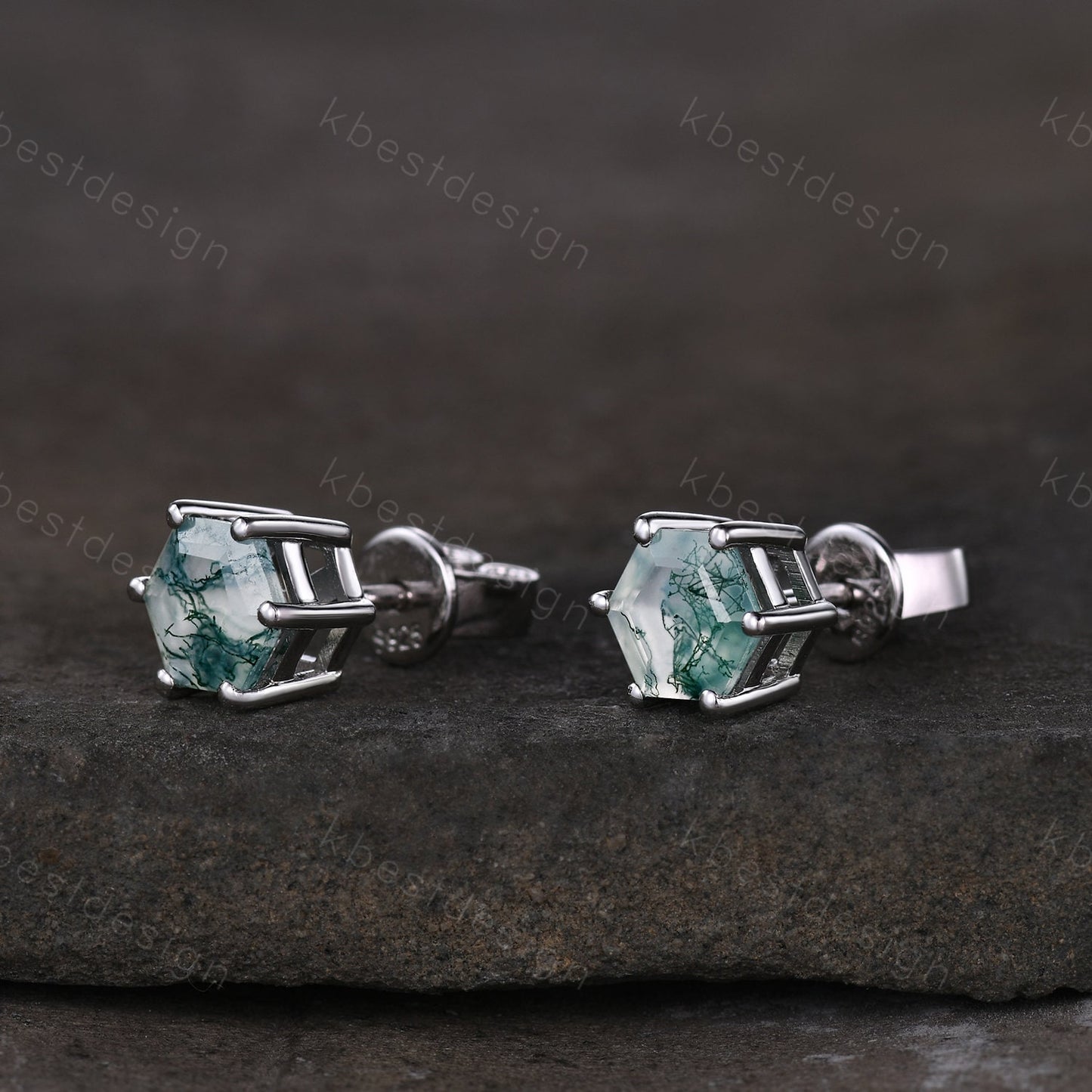 Natural moss agate stud earrings, yellow gold studs, hexagon cut moss agate earring studs, best friend gift, anniversary gift for her