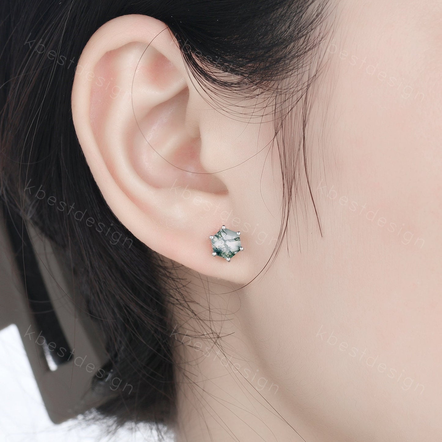 Natural moss agate stud earrings, yellow gold studs, hexagon cut moss agate earring studs, best friend gift, anniversary gift for her