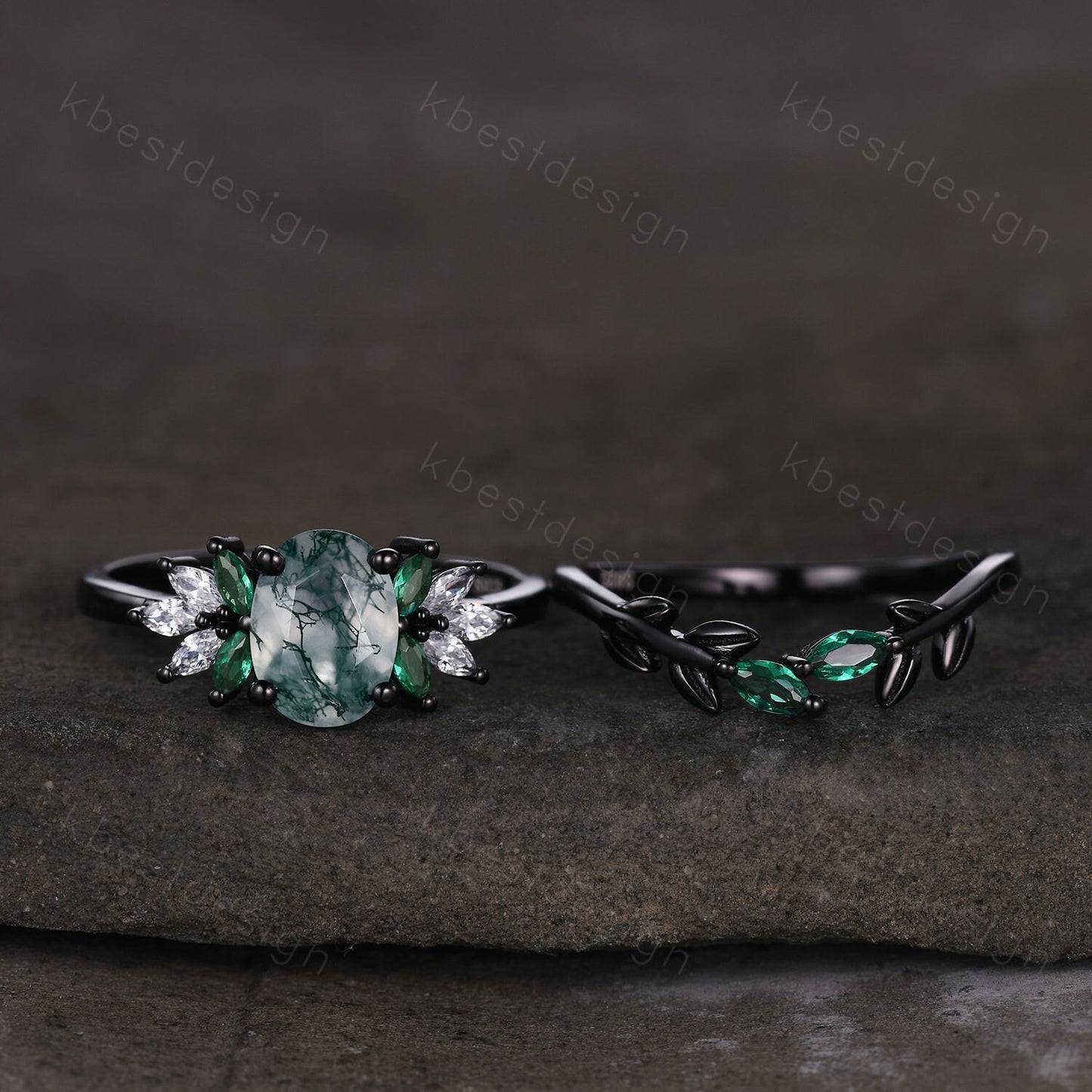 Vintage oval moss agate engagement ring set black gold cluster moissanite ring emerald stacking band unique art deco bridal wedding ring set