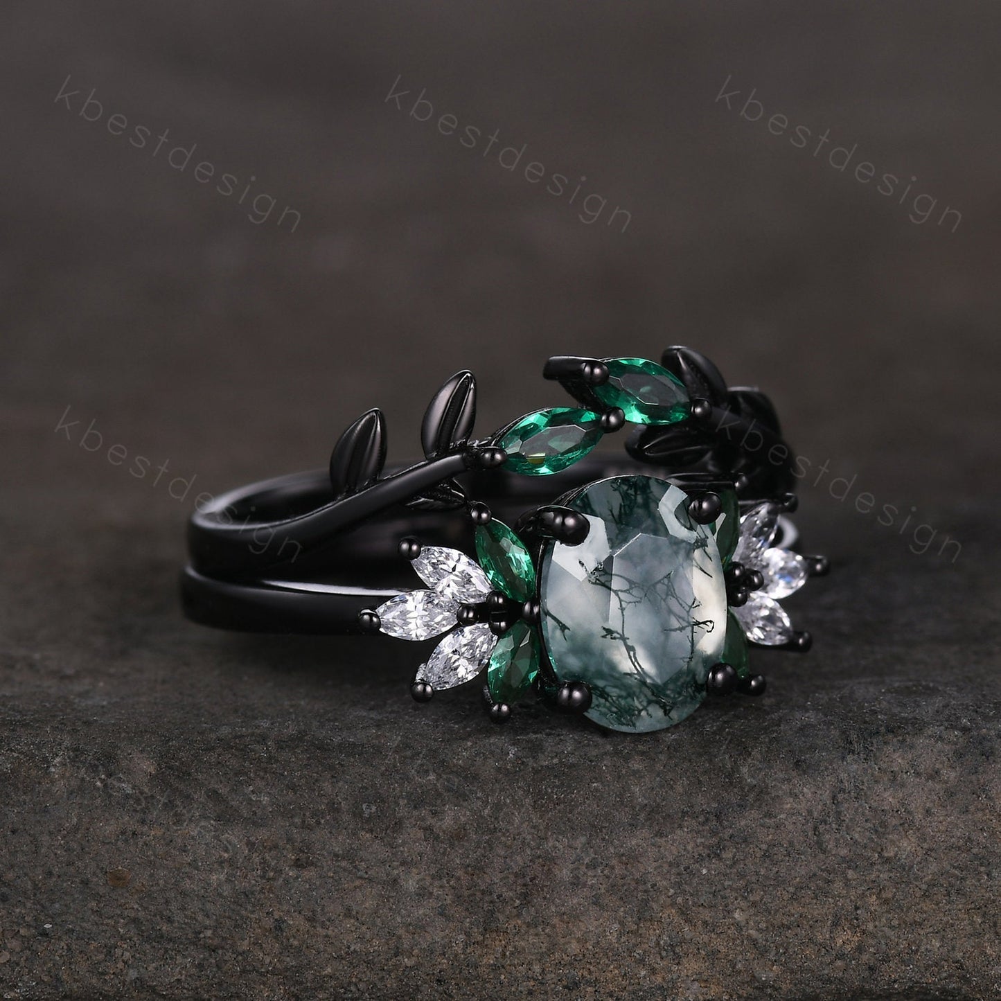 Vintage oval moss agate engagement ring set black gold cluster moissanite ring emerald stacking band unique art deco bridal wedding ring set