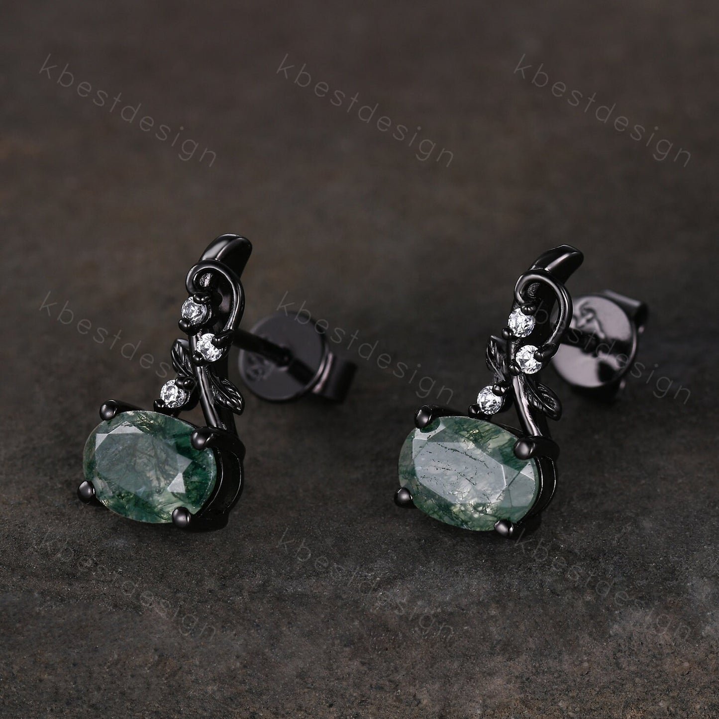Oval cut moss agate earrings women black gold earring studs nature inspired earrings art deco green agate studs birthday/anniversary gift