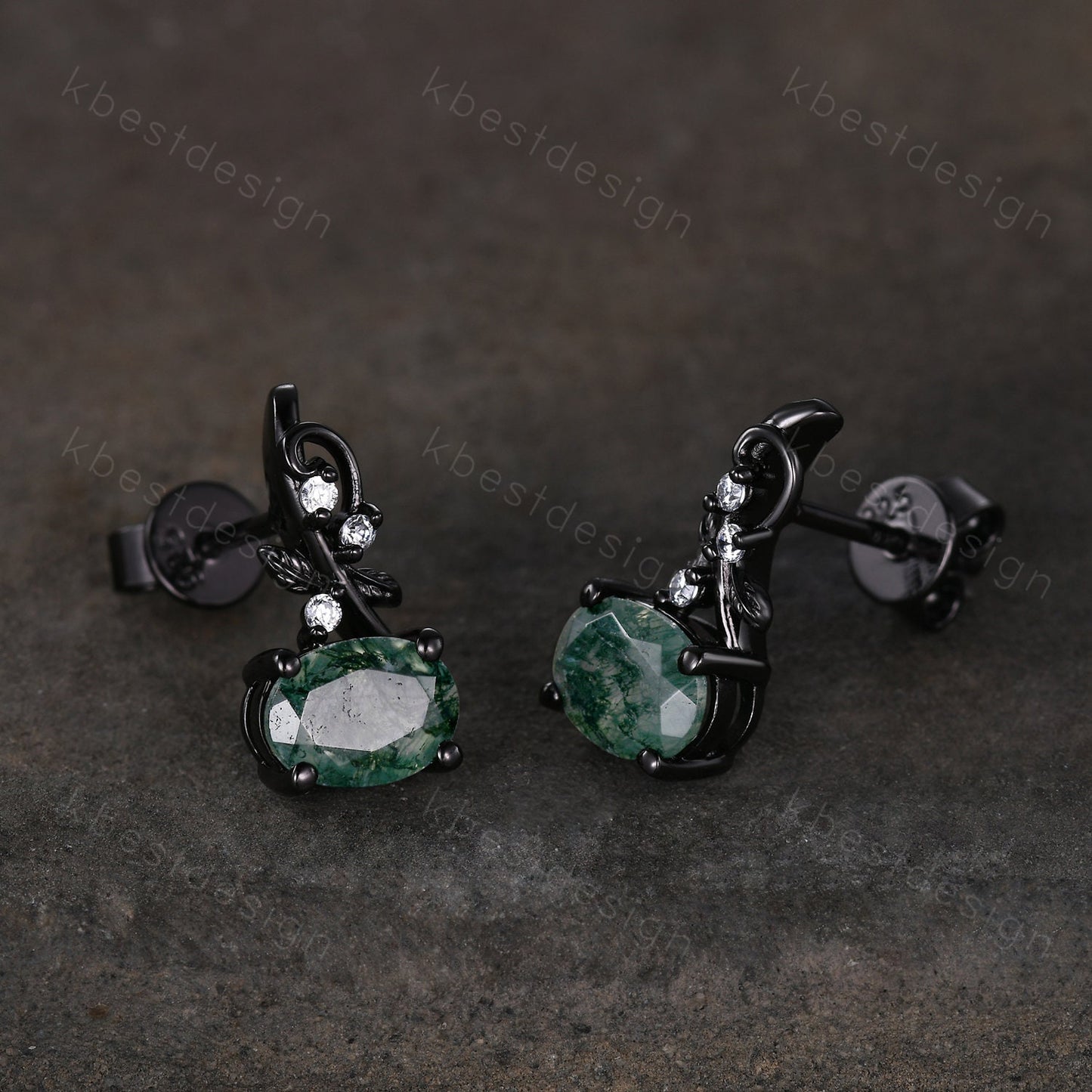 Oval cut moss agate earrings women black gold earring studs nature inspired earrings art deco green agate studs birthday/anniversary gift