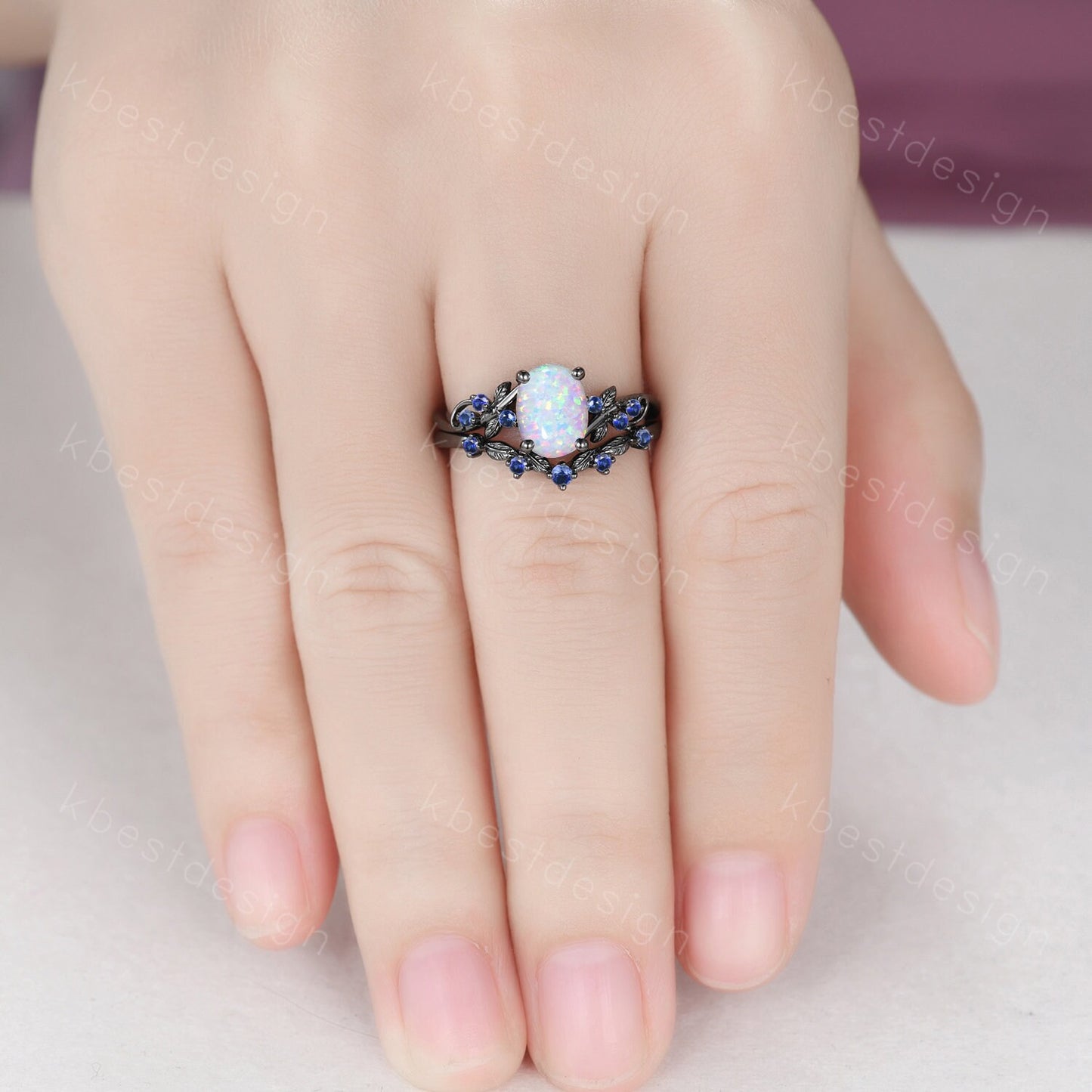 Vintage oval opal engagement ring set black gold rings unique opal blue sapphire wedding ring art deco branch leaf ring promise ring set