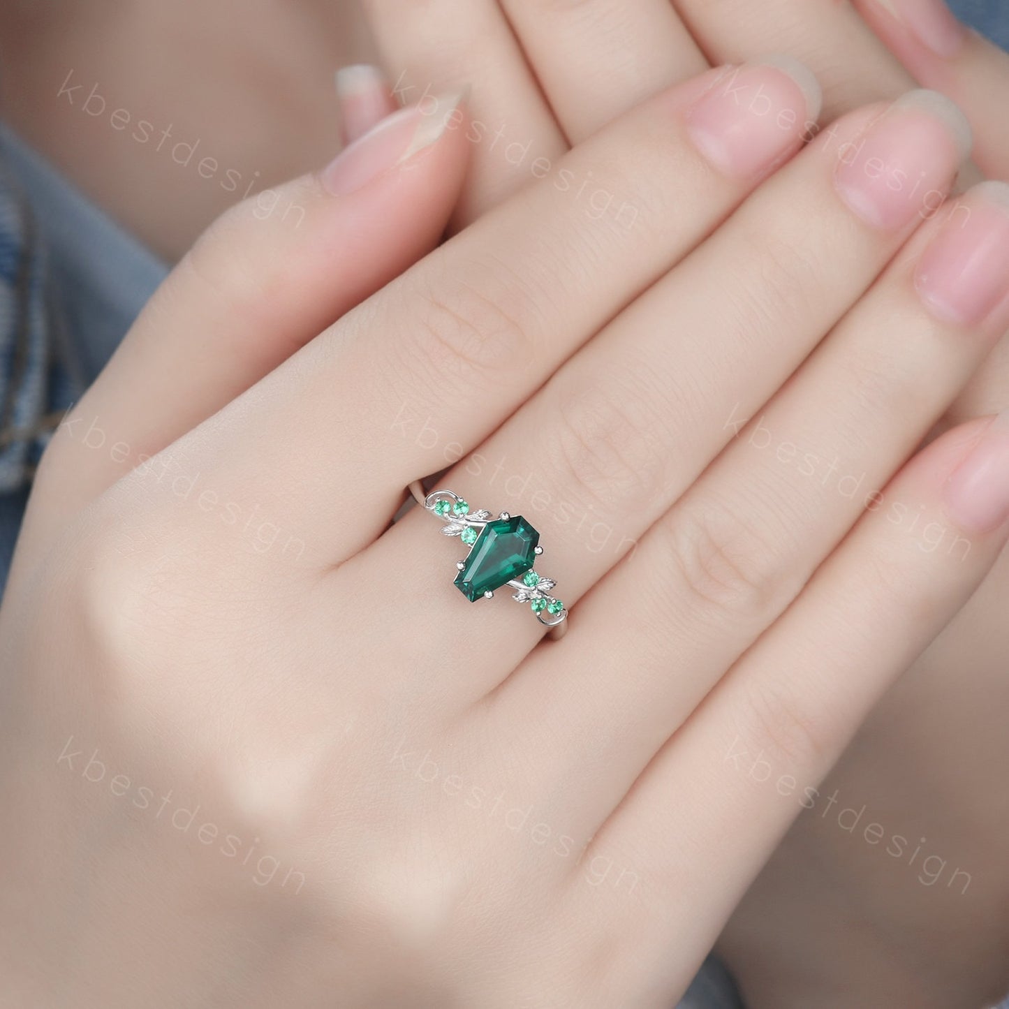 Vintage coffin green emerald engagement ring silver twig leaf emerald wedding ring nature inspired ring art deco bridal promise ring