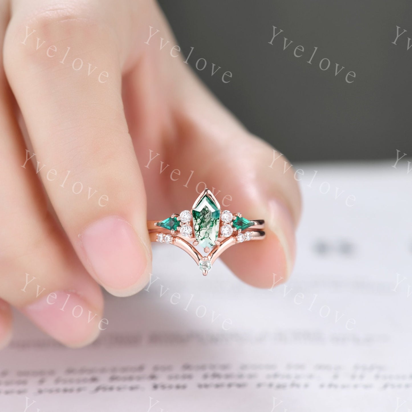 Gothic Coffin cut Moss Agate Engagement Ring,Unique Natural Green Agate Ring,Kite Emerald Ring,Rose Gold Diamond Anniversary Gift Bridal Set