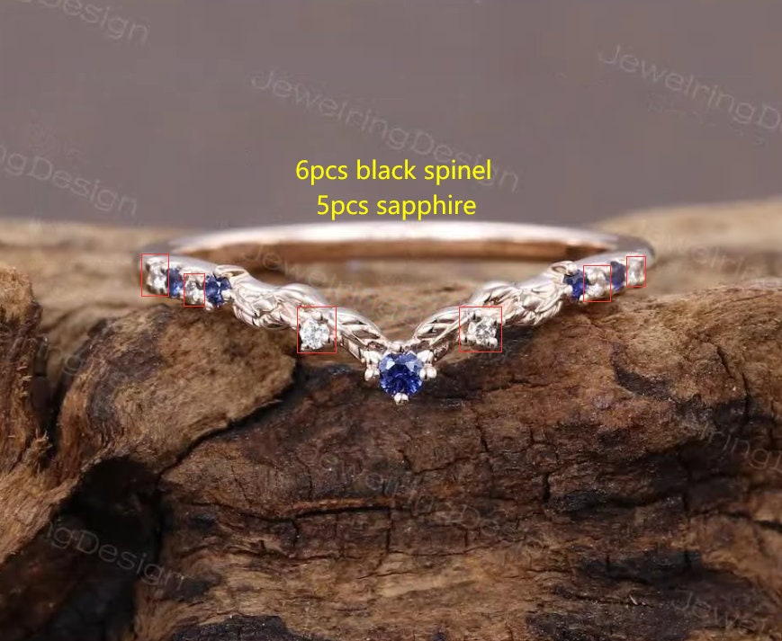 Custom order Samantha, leaf curved band, round cut black spinel and sapphire, sterling silver, size 9.25