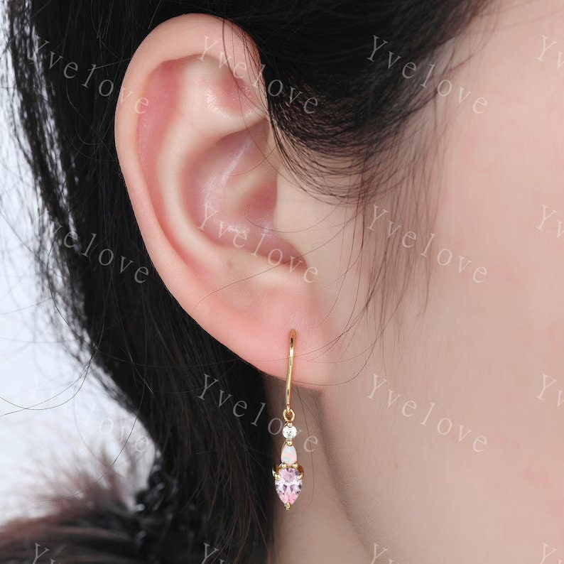 Unique Pink Sapphire Opal Earrings,Pear Cut Gems,Art Deco Moissanite Diamond Delicate Dainty Earrings,3 Stone Minimalist Women Gift for Her