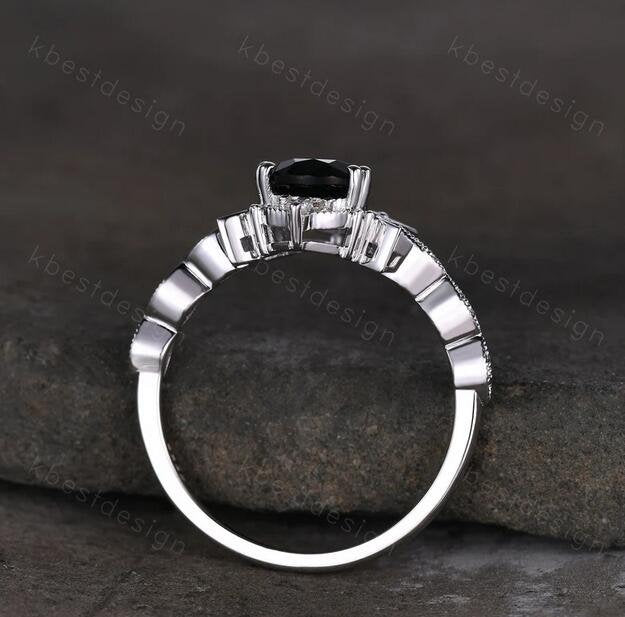 Pear shaped black onyx engagement ring unique moon style ring vintage art deco moissanite wedding ring Antique bridal Promise ring