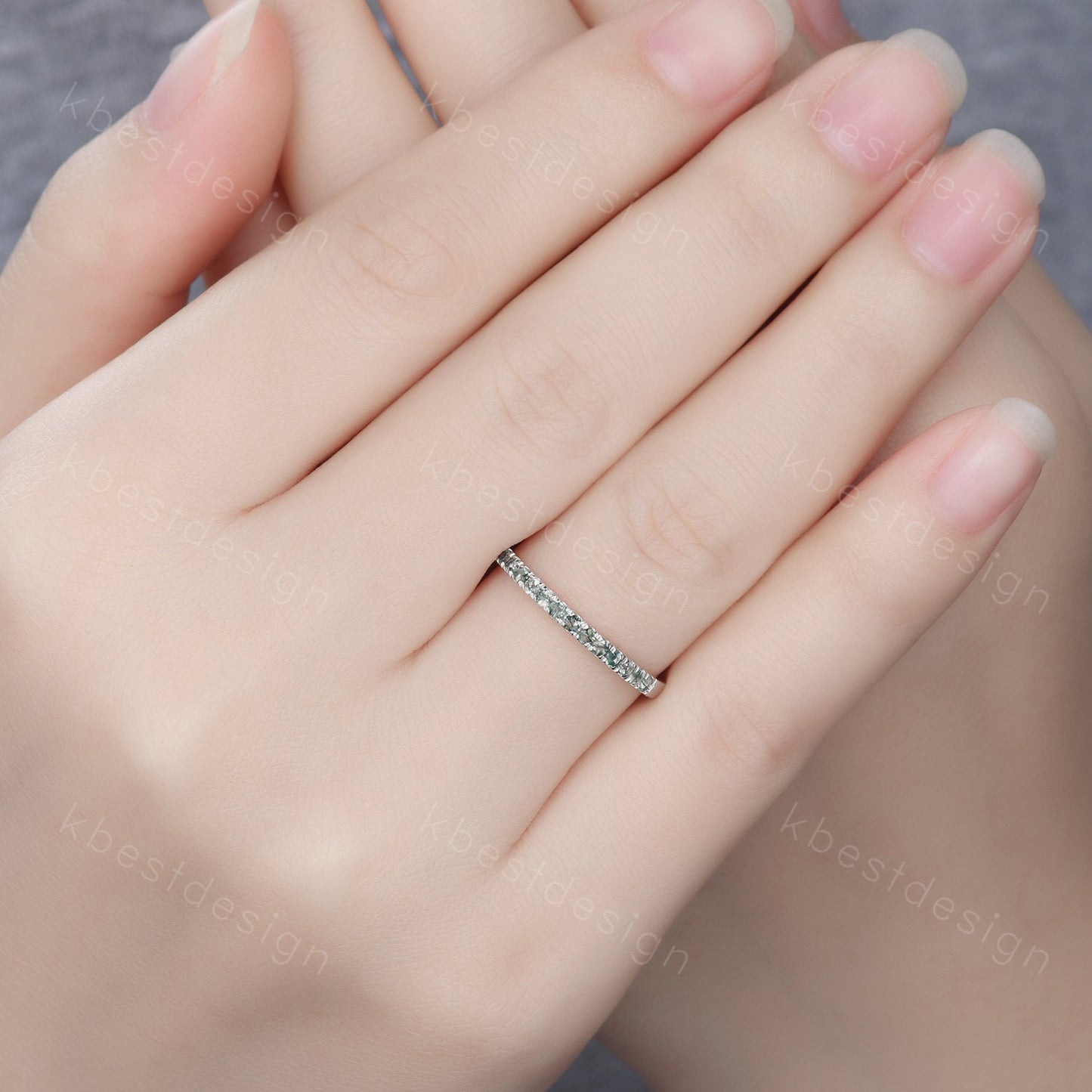 1.5mm moss agate wedding band sterling silver half eternity band green agate stacking matching band gemstone band promise anniversary ring