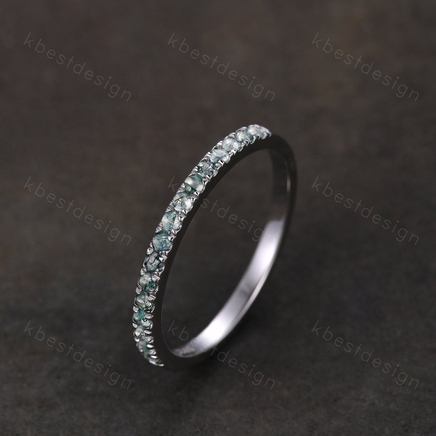 1.5mm moss agate wedding band sterling silver half eternity band green agate stacking matching band gemstone band promise anniversary ring