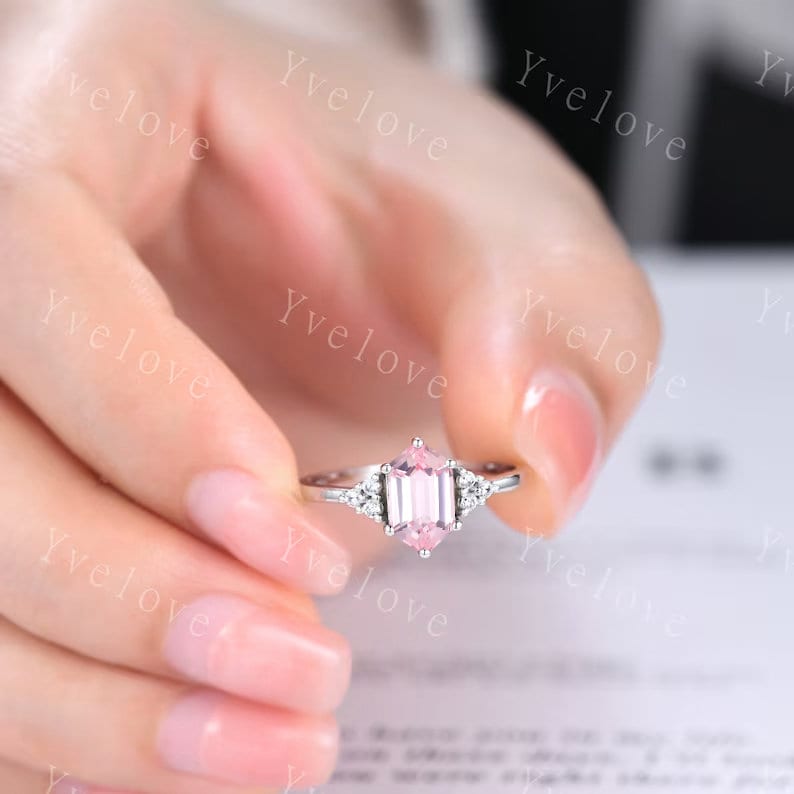 Retro hexagon Pink Sapphire Ring,Vintage Sterling Silver Ring Set,Unique Sapphire Engagement Ring,Promise Ring,Anniversary Ring Gift For Her