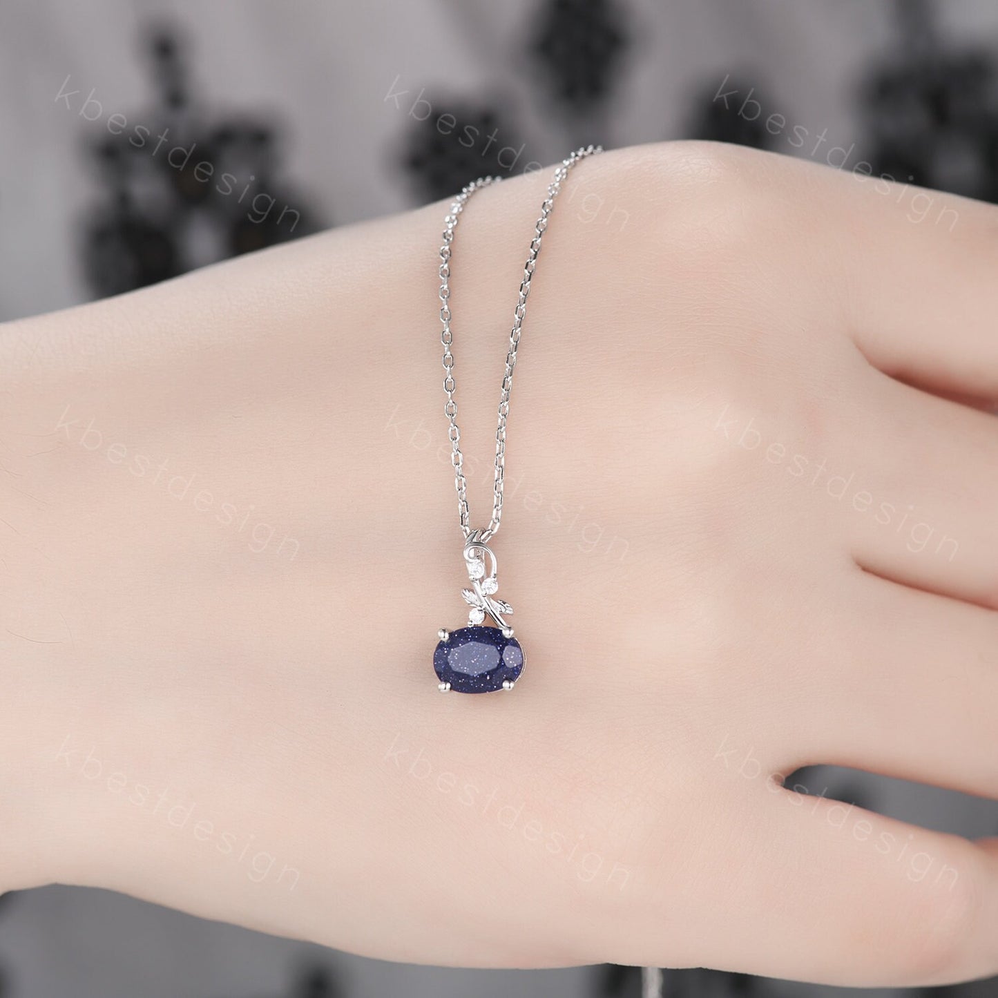 Oval Cut Galaxy Blue Sandstone Necklace Silver Vintage Art Deco Necklace for Women Nature Inspired Moissanite Pendant Anniversary Gift