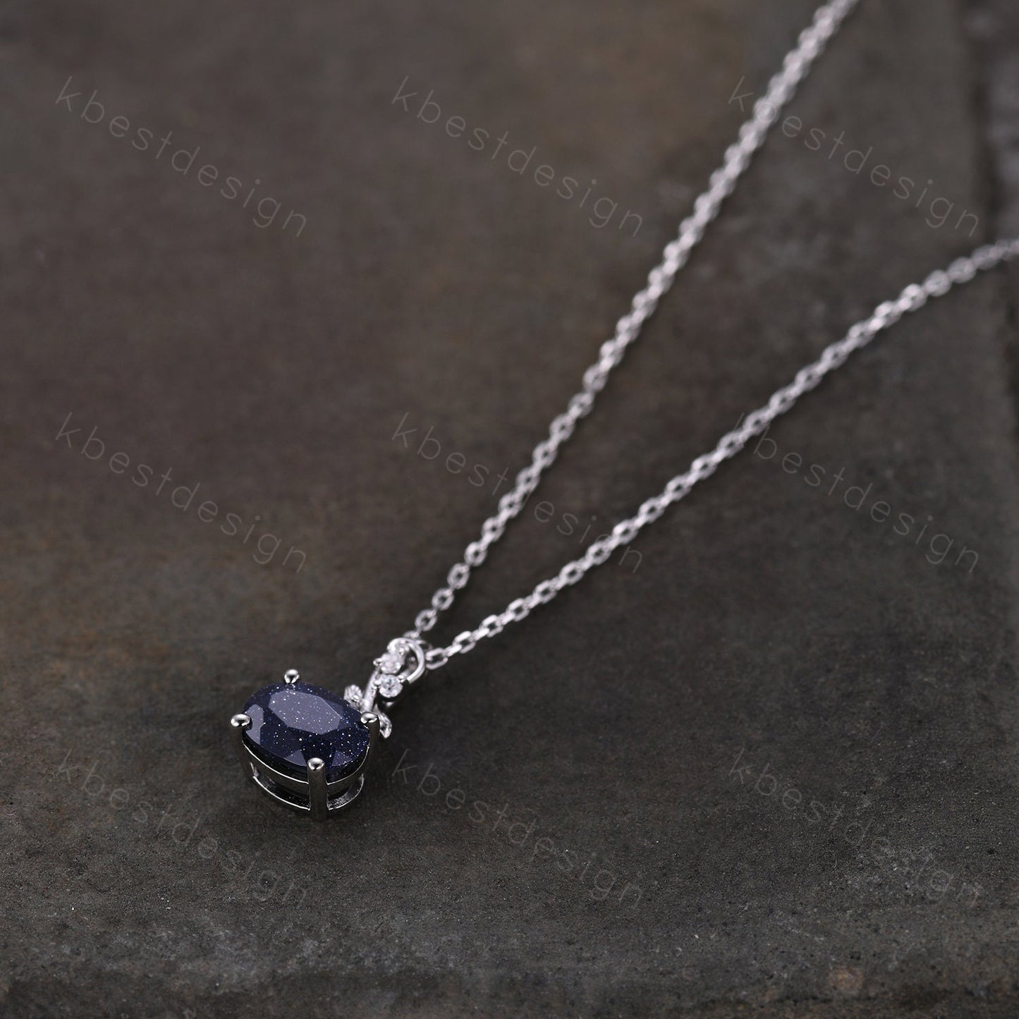 Oval Cut Galaxy Blue Sandstone Necklace Silver Vintage Art Deco Necklace for Women Nature Inspired Moissanite Pendant Anniversary Gift