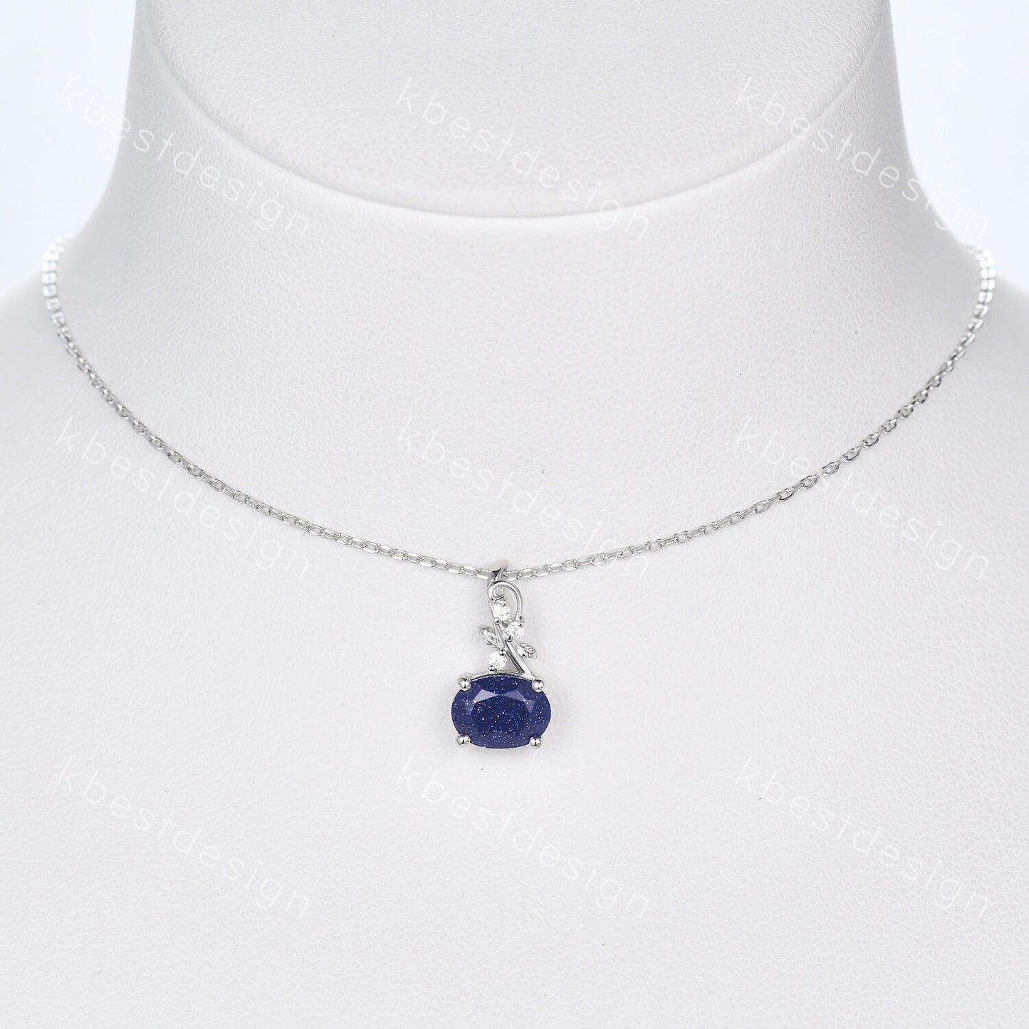 Oval Cut Galaxy Blue Sandstone Necklace Silver Vintage Art Deco Necklace for Women Nature Inspired Moissanite Pendant Anniversary Gift
