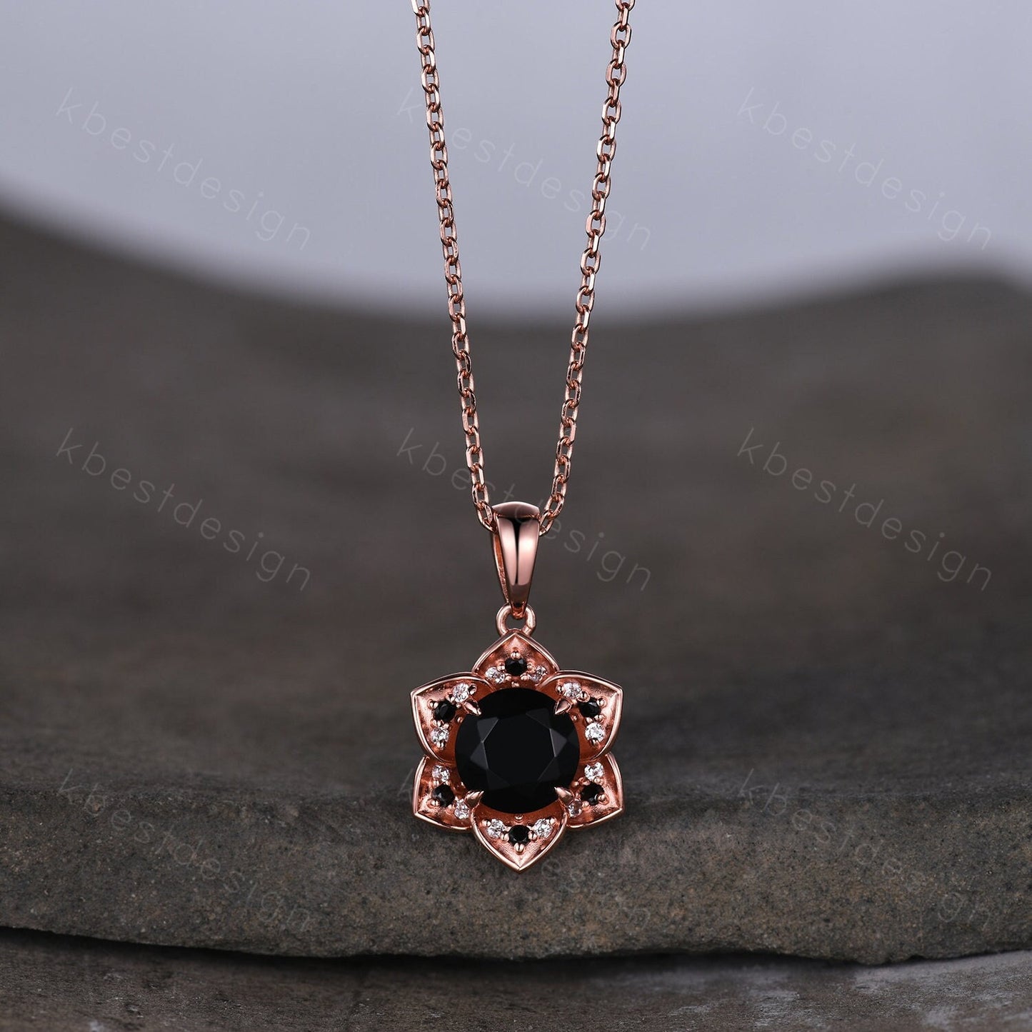 Vintage round black onyx necklace antique floral halo pendant necklace rose gold black gemstone necklace anniversary necklace gift for her