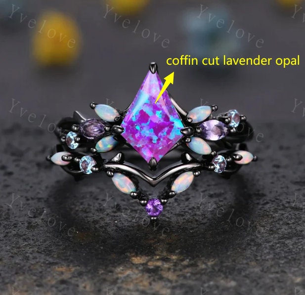Custom order for Letecia, change the main stone to coffin cut lavender opal, 10k black gold, a set.