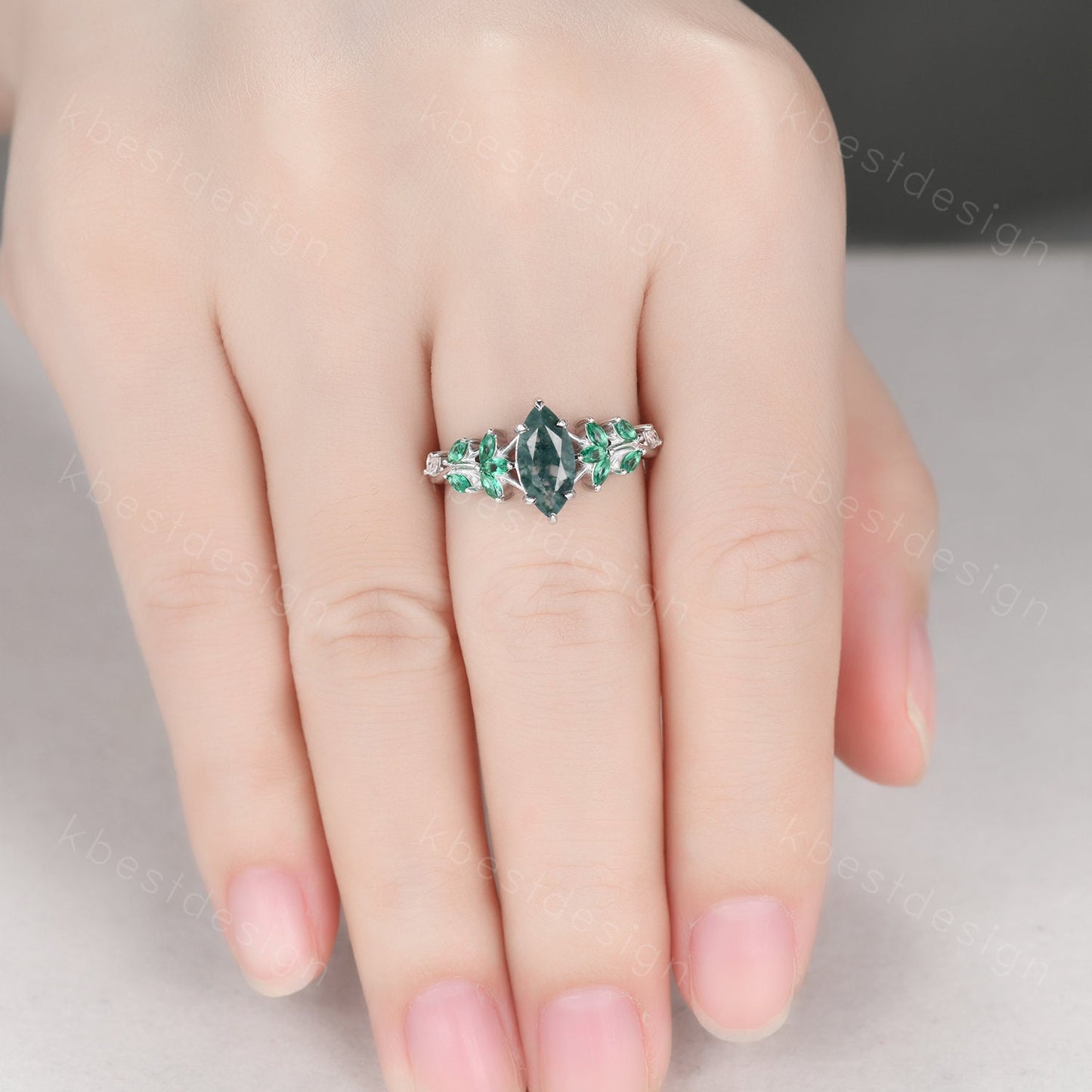 Vintage Marquise Moss Agate Engagement Ring Unique Art Deco Leaf Emerald Cluster Ring Women Green Agate Branch Ring Bridal Promise Ring