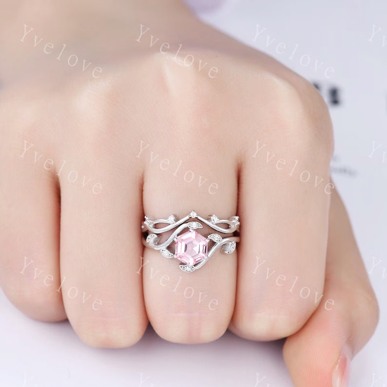 Retro hexagon Pink Sapphire Ring,Vintage Sterling Silver Ring Set,Unique Engagement Ring,Promise Ring,Anniversary Bridal Ring Gift,Custom