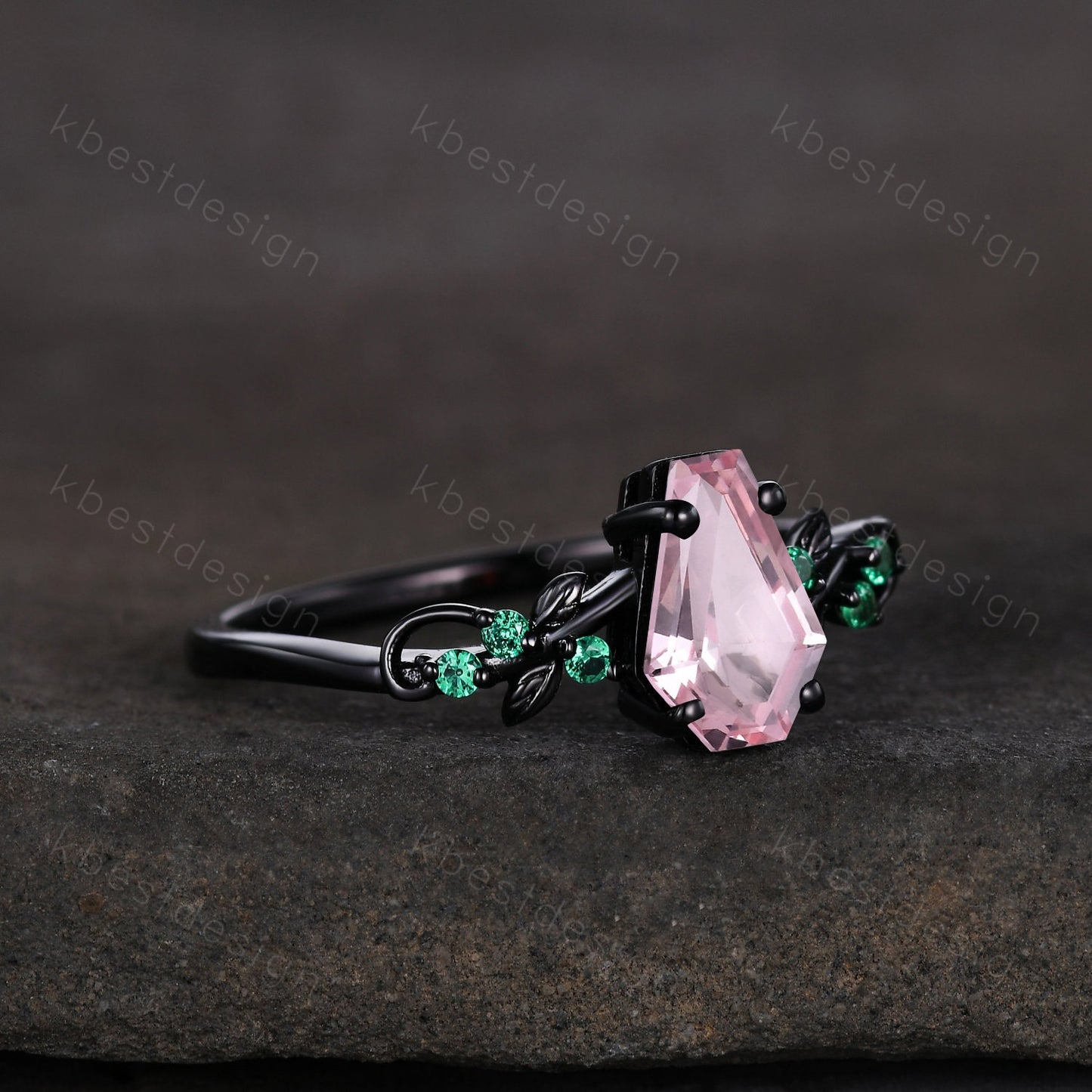 Coffin cut pink sapphire engagement ring Black gold ring Art deco leaf design emerald wedding ring nature inspired ring bridal promise ring