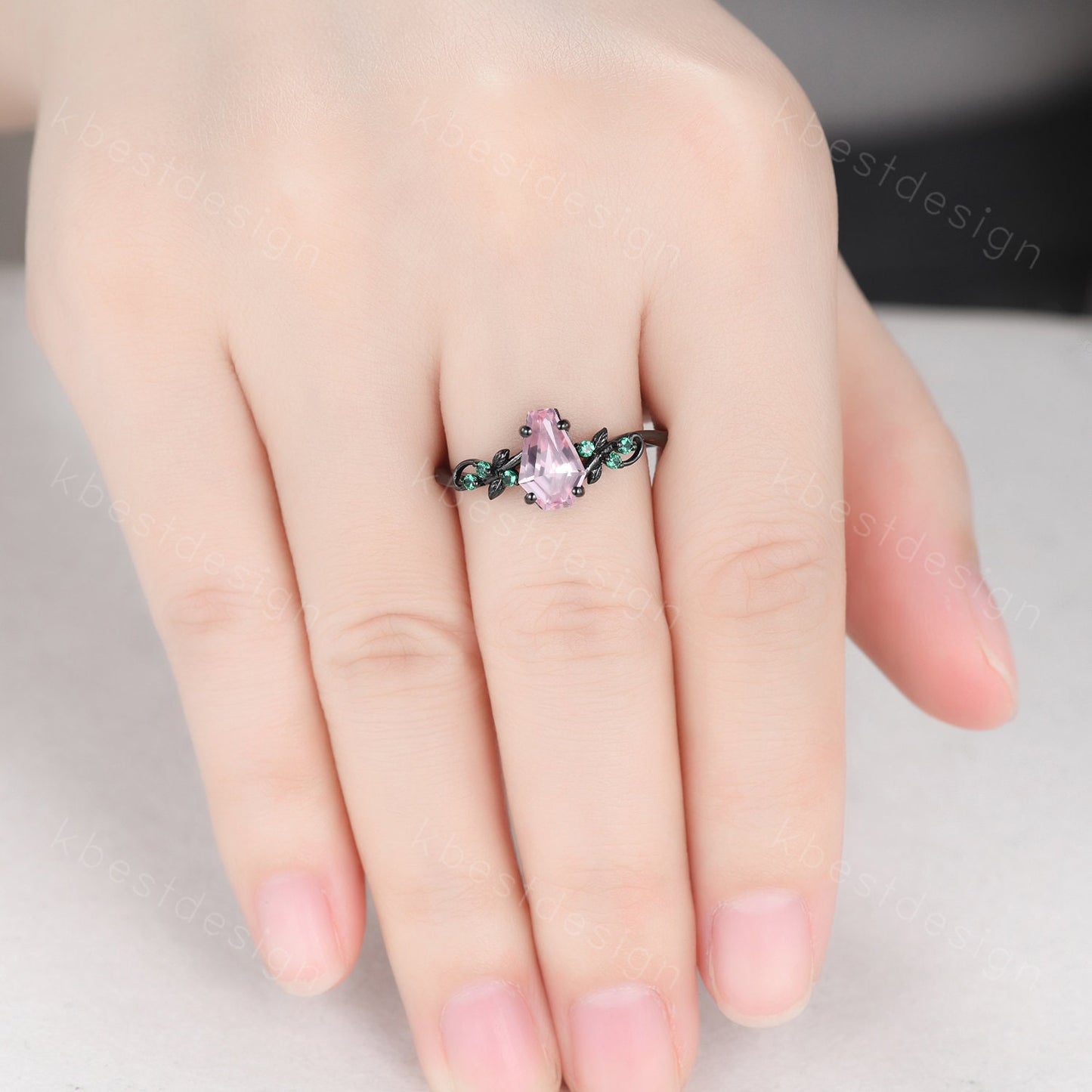 Coffin cut pink sapphire engagement ring Black gold ring Art deco leaf design emerald wedding ring nature inspired ring bridal promise ring