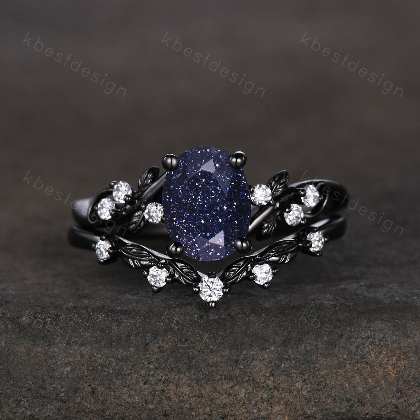 Vintage oval blue sandstone engagement ring set black gold twig leaf moissanite ring nature branch ring unique bridal wedding ring set