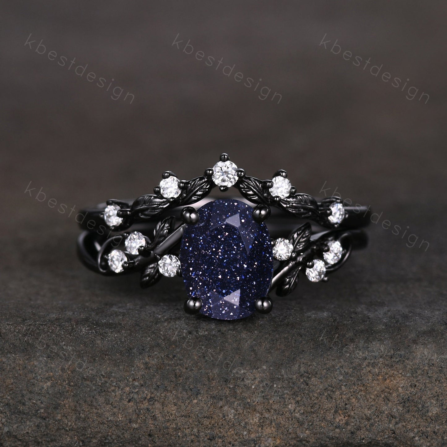 Vintage oval blue sandstone engagement ring set black gold twig leaf moissanite ring nature branch ring unique bridal wedding ring set