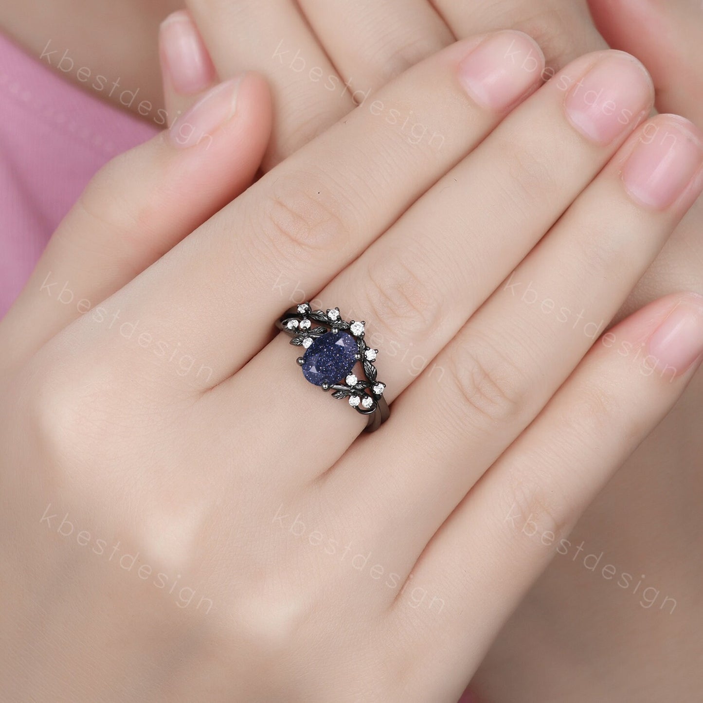 Vintage oval blue sandstone engagement ring set black gold twig leaf moissanite ring nature branch ring unique bridal wedding ring set