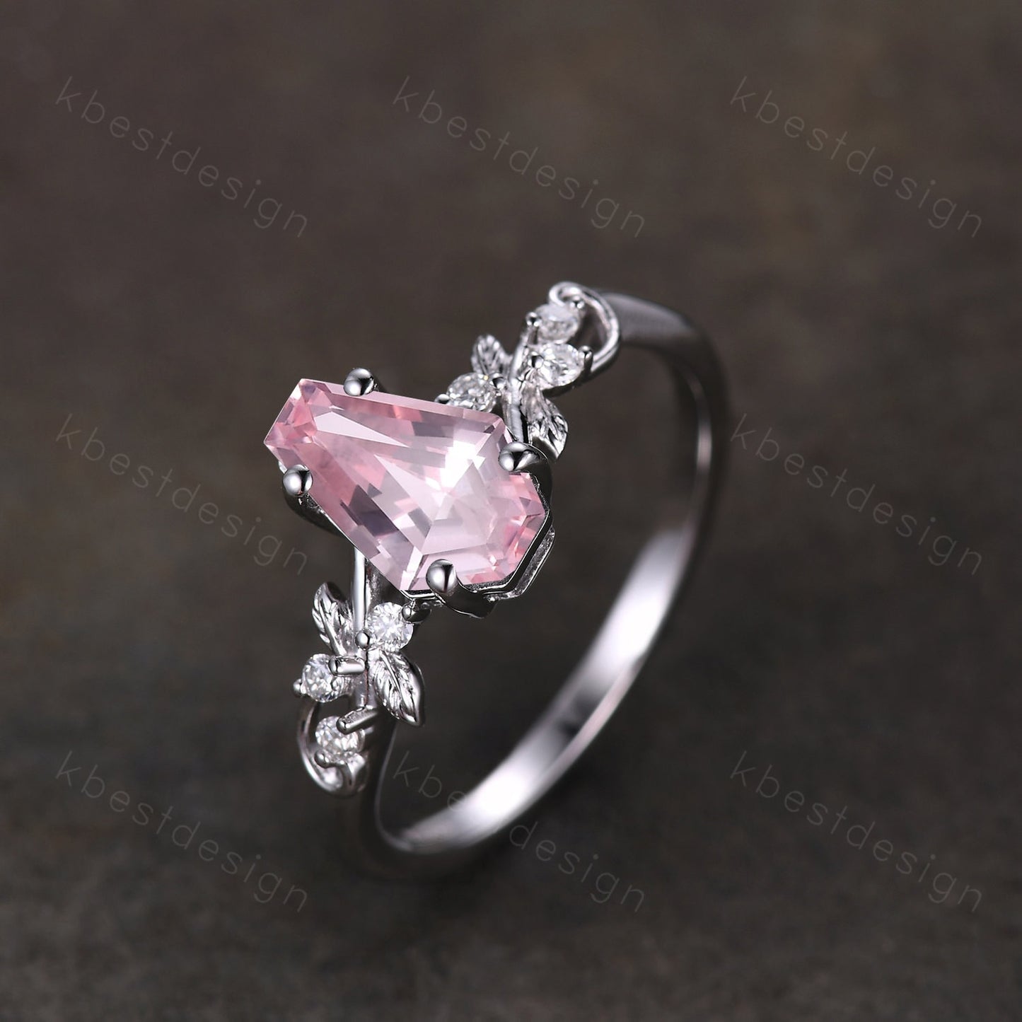 Coffin cut pink sapphire engagement ring silver ring Art deco leaf design moissanite wedding ring nature inspired ring bridal promise ring