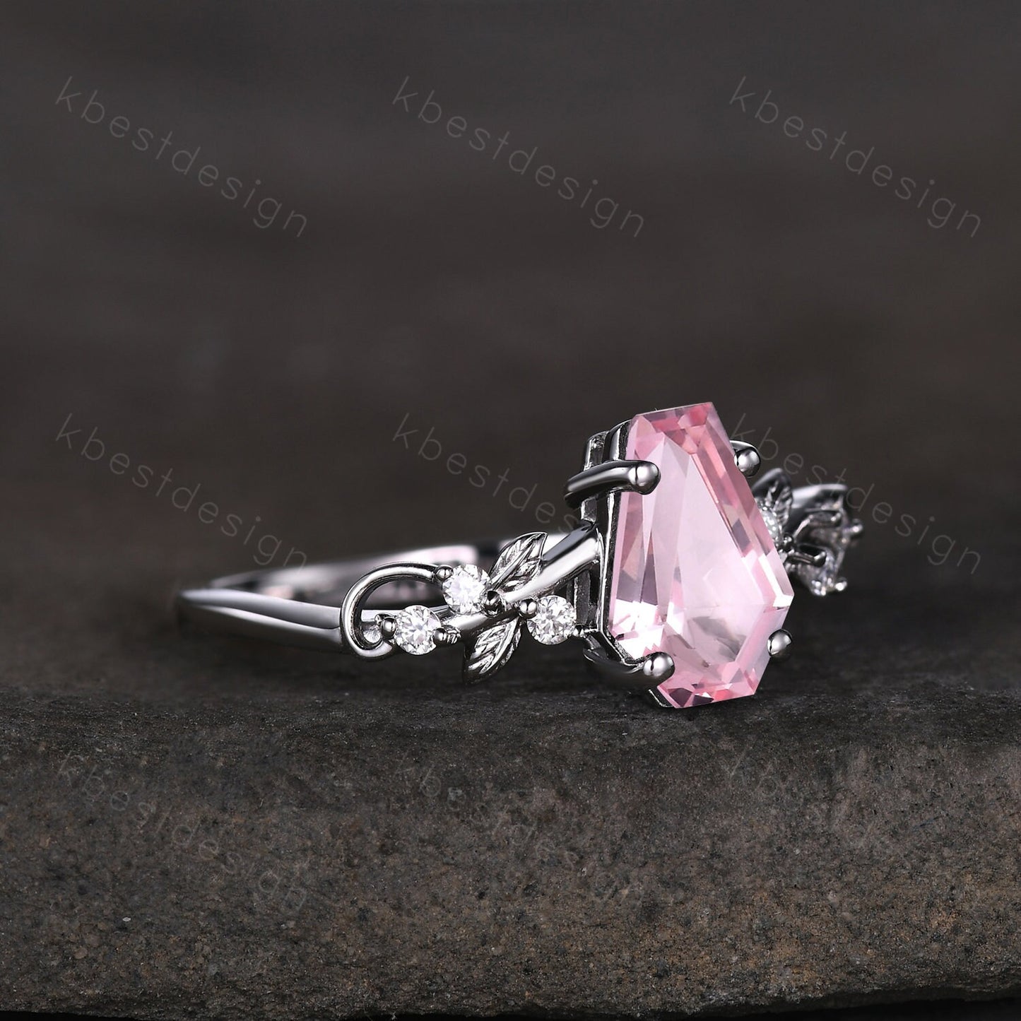Coffin cut pink sapphire engagement ring silver ring Art deco leaf design moissanite wedding ring nature inspired ring bridal promise ring