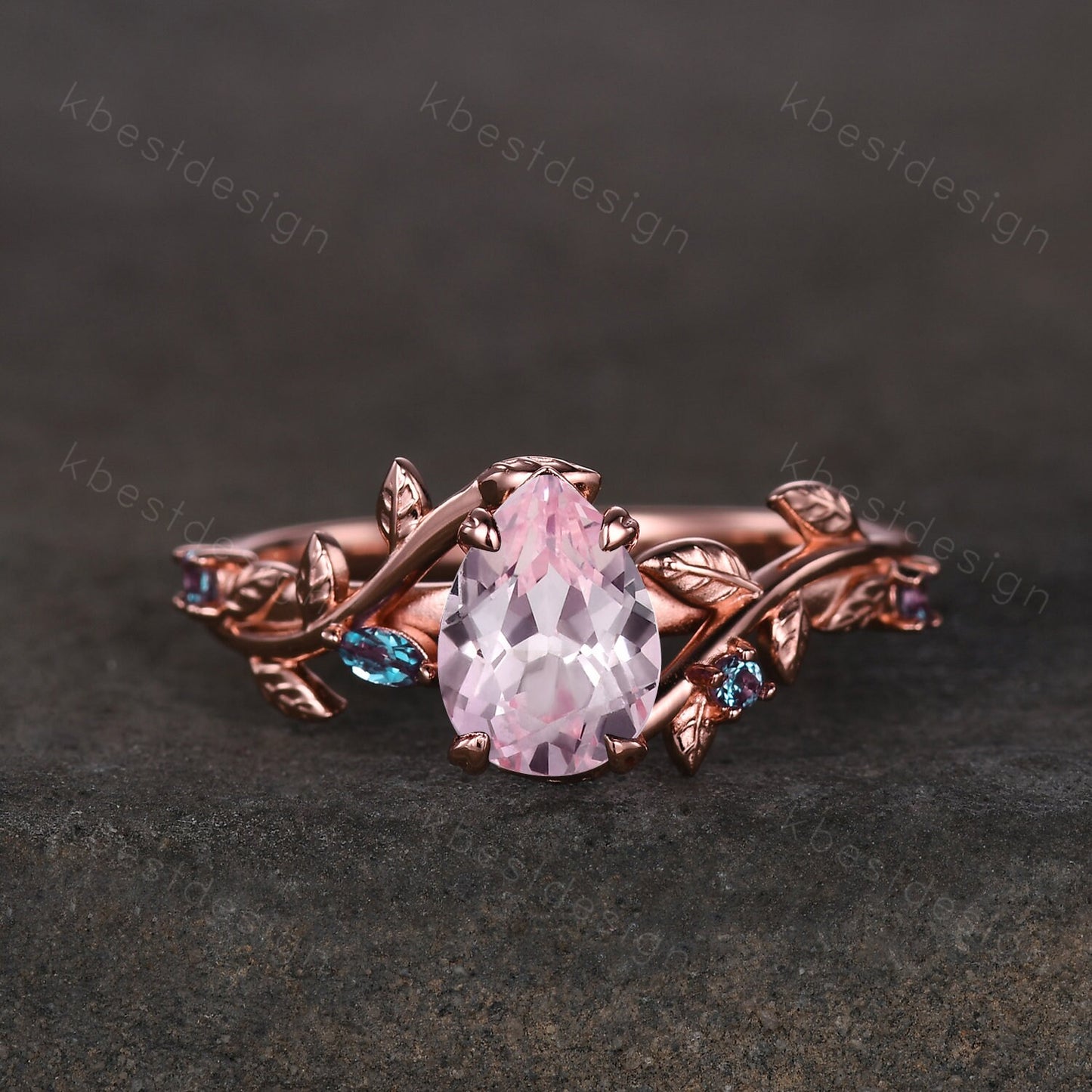 Vintage pink sapphire engagement ring rose gold leaf design alexandrite wedding ring art deco nature branch ring unique bridal promise ring