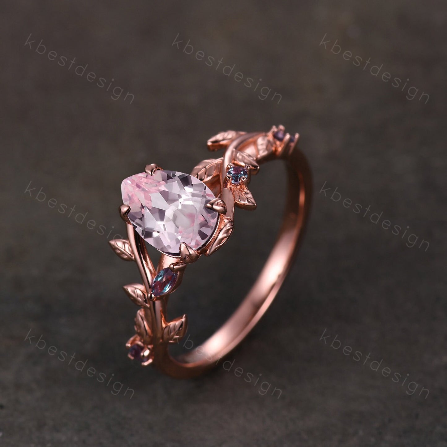 Vintage pink sapphire engagement ring rose gold leaf design alexandrite wedding ring art deco nature branch ring unique bridal promise ring