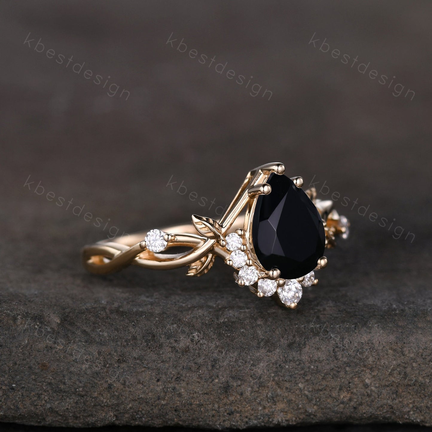 Vintage pear black onyx engagement ring yellow gold twig leaf wedding ring nature branch ring art deco moissanite bridal promise ring