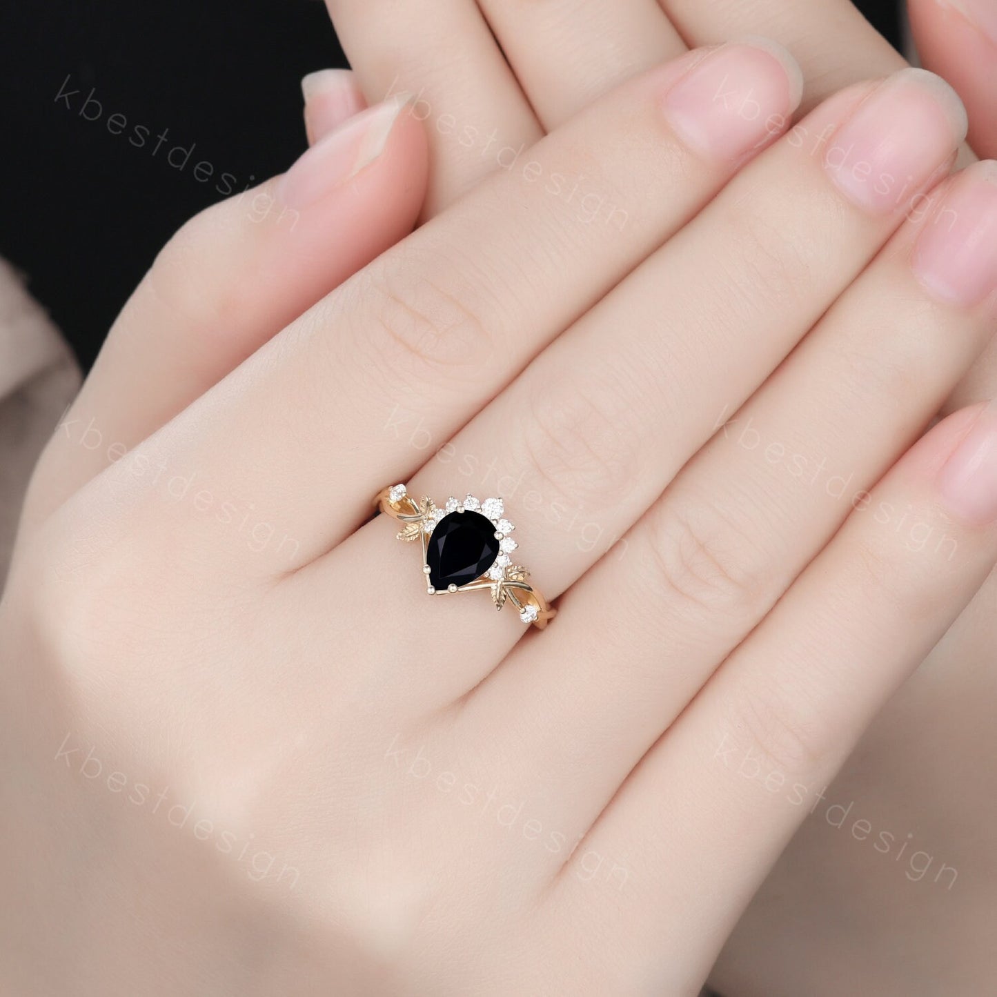 Vintage pear black onyx engagement ring yellow gold twig leaf wedding ring nature branch ring art deco moissanite bridal promise ring