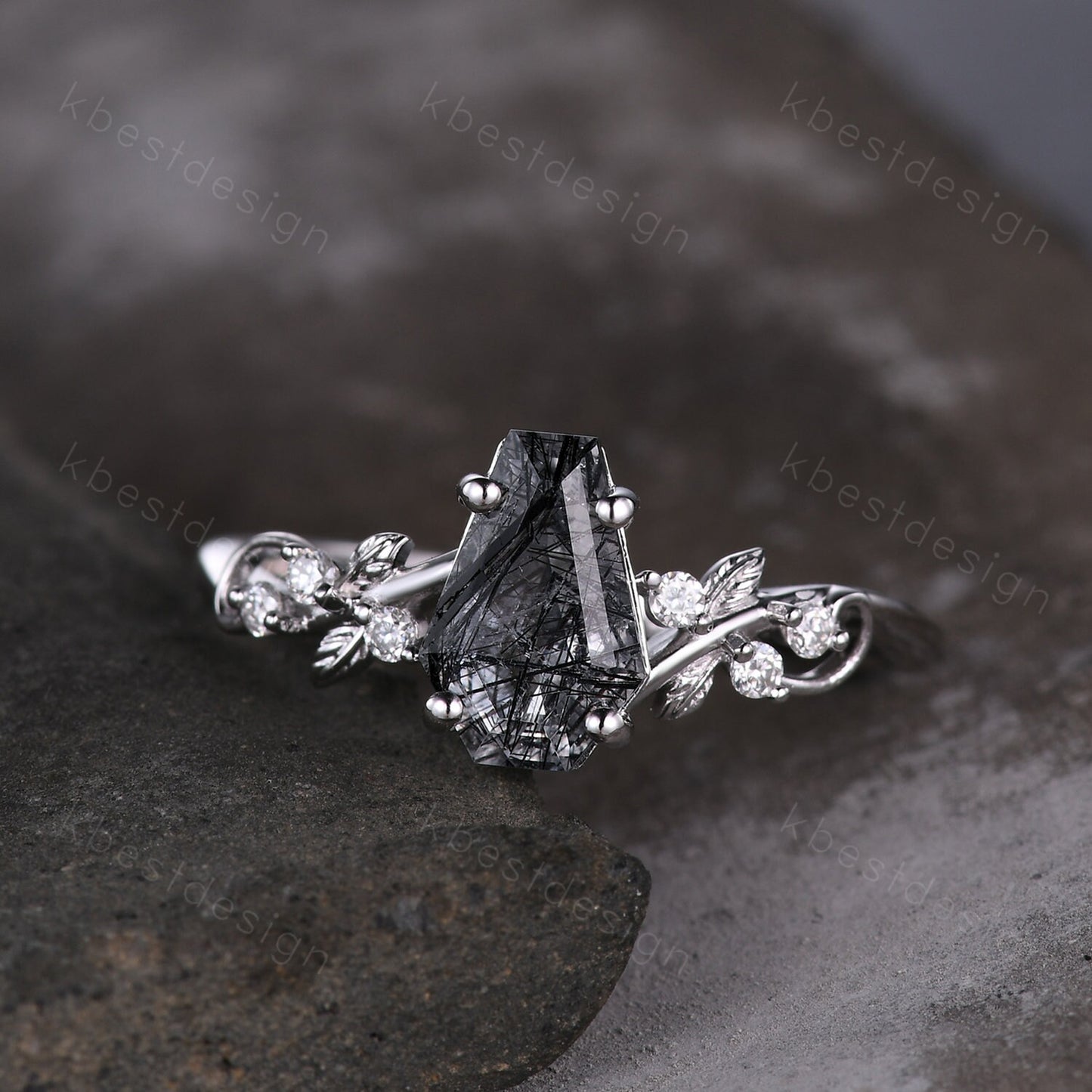 Coffin cut black rutilated quartz engagement ring sterling silver ring Art deco leaf design moissanite Bridal ring Unique twist ring