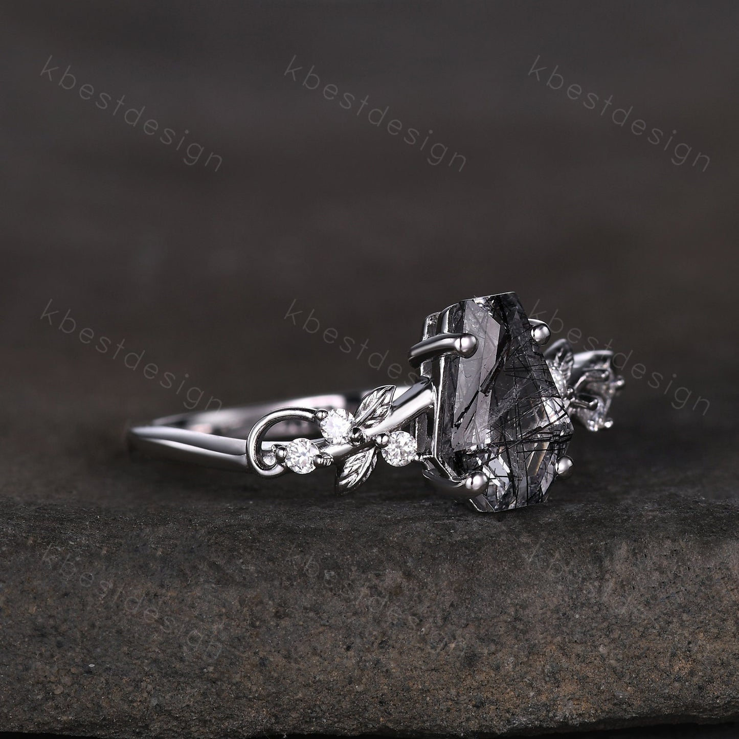Coffin cut black rutilated quartz engagement ring sterling silver ring Art deco leaf design moissanite Bridal ring Unique twist ring