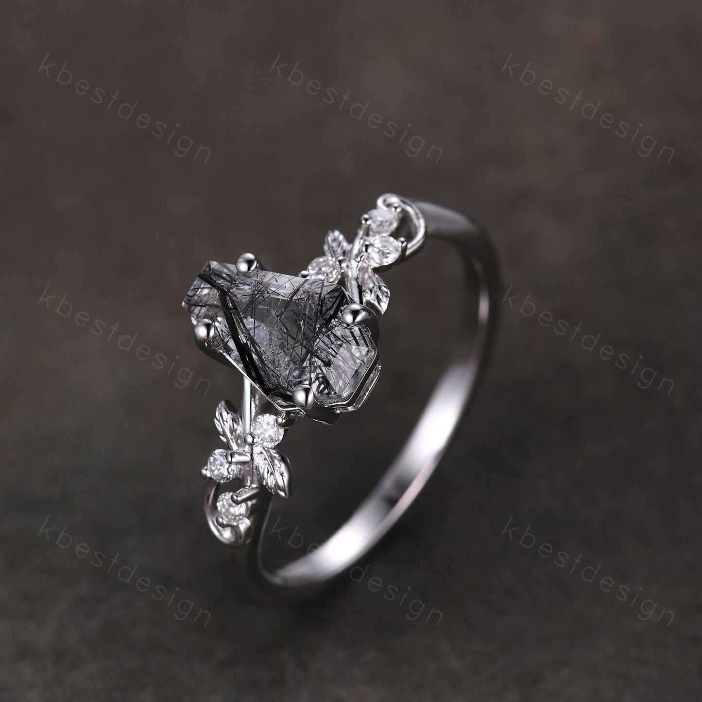 Coffin cut black rutilated quartz engagement ring sterling silver ring Art deco leaf design moissanite Bridal ring Unique twist ring