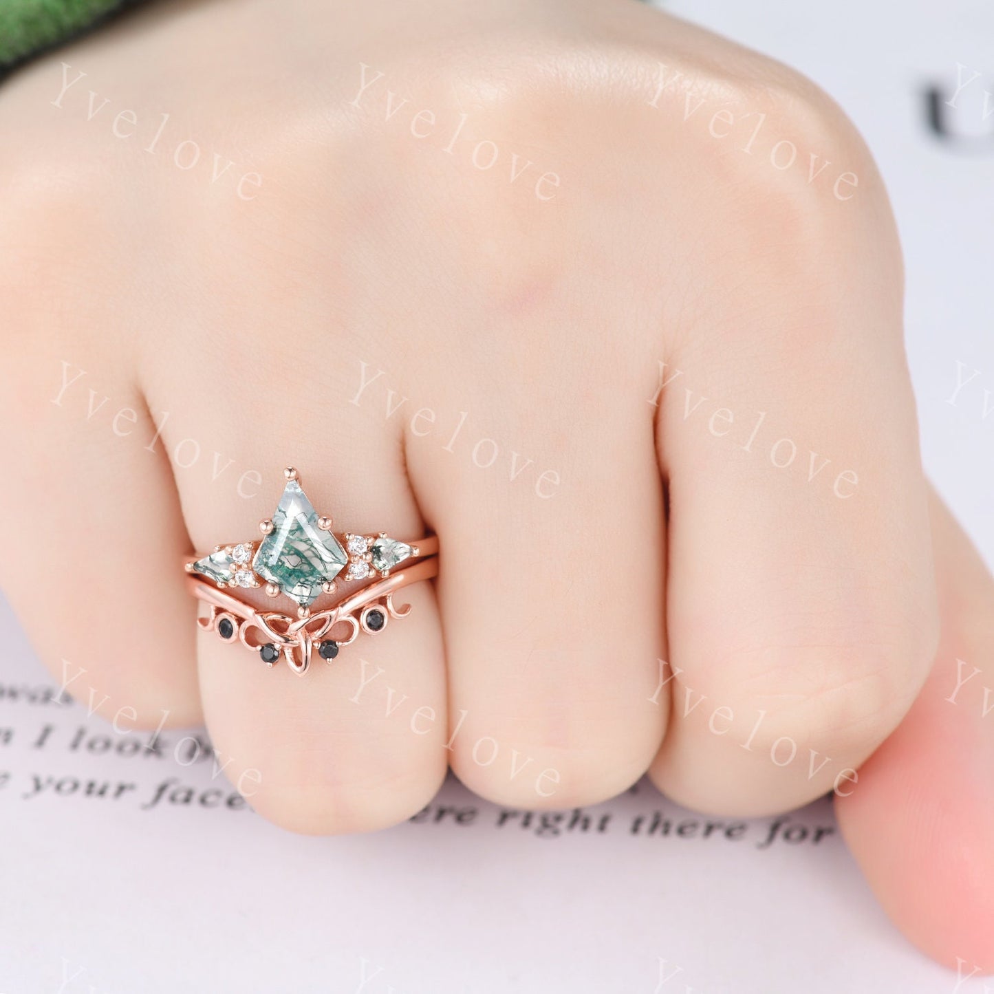 Natural Agate Engagement Ring Kite Green Moss Agate Ring Rose Gold Ring Promise Ring Real Diamond Anniversary Gift For Her Personalized