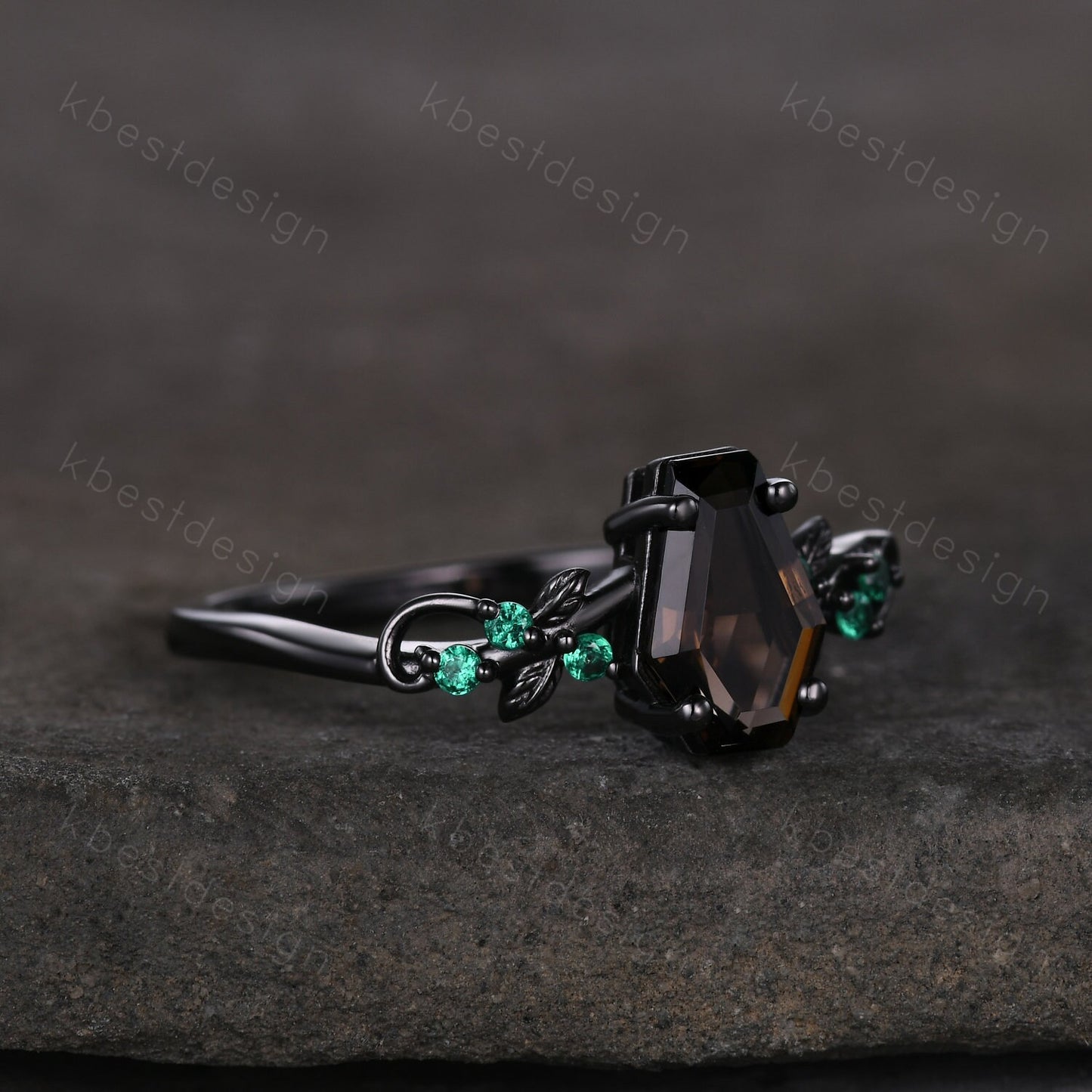 Coffin cut smoky quartz engagement ring Black gold ring Art deco leaf design emerald wedding ring nature inspired ring bridal promise ring