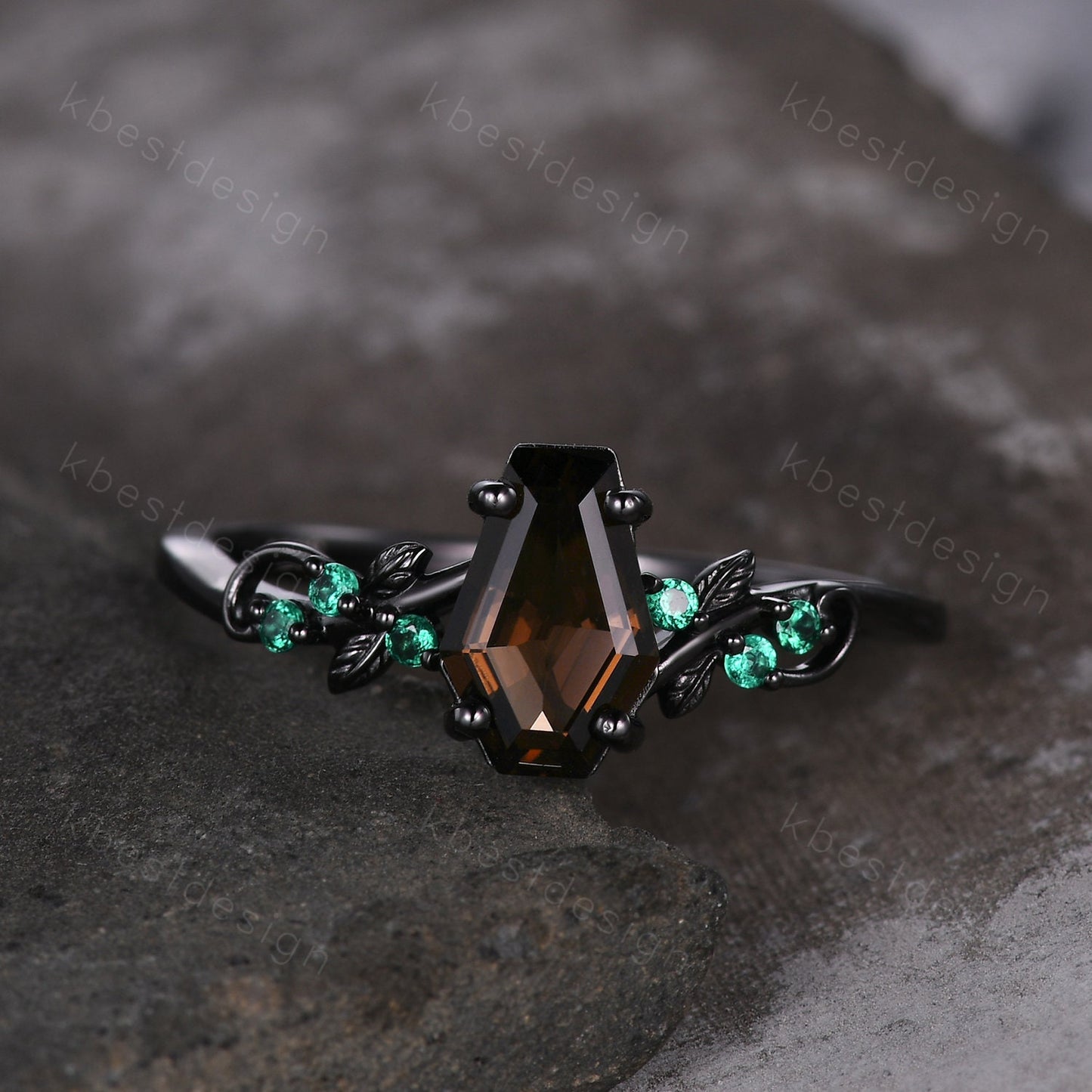 Coffin cut smoky quartz engagement ring Black gold ring Art deco leaf design emerald wedding ring nature inspired ring bridal promise ring