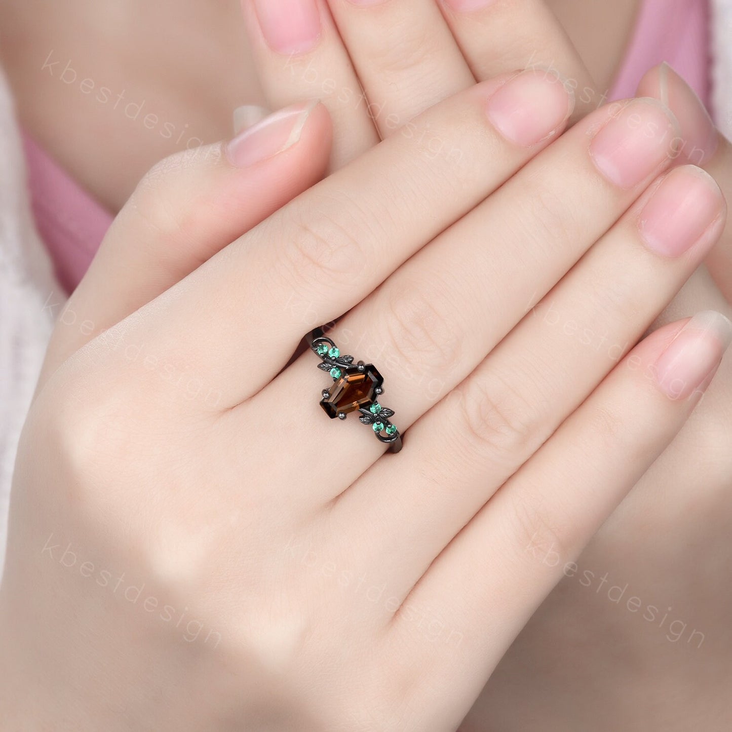 Coffin cut smoky quartz engagement ring Black gold ring Art deco leaf design emerald wedding ring nature inspired ring bridal promise ring