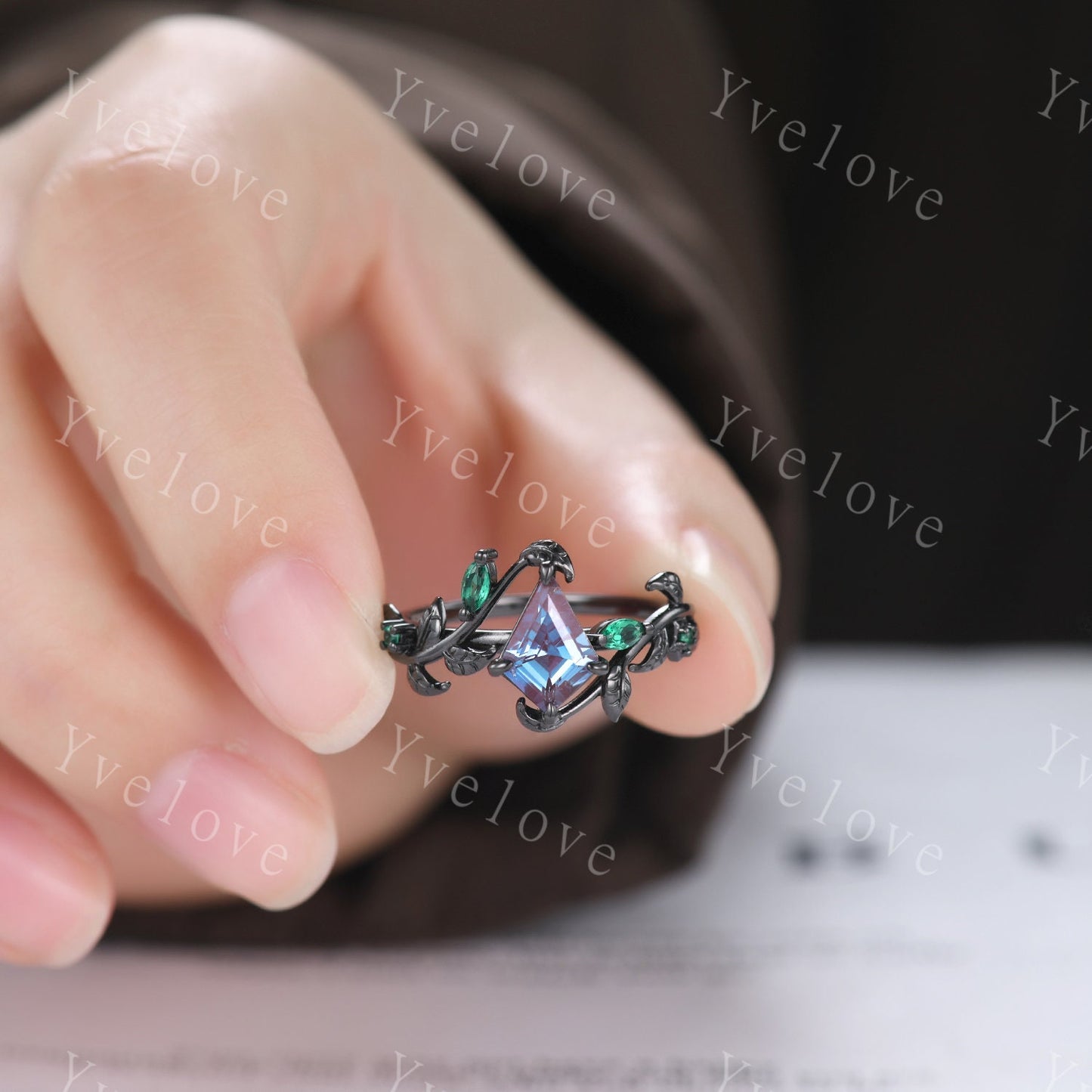 Vintage Kite Alexandrite Engagement Ring Set,Black Gold,Leaf Emerald Amethyst Ring,Women Bridal Set,Unique Nature Inspired Promise Ring Gift