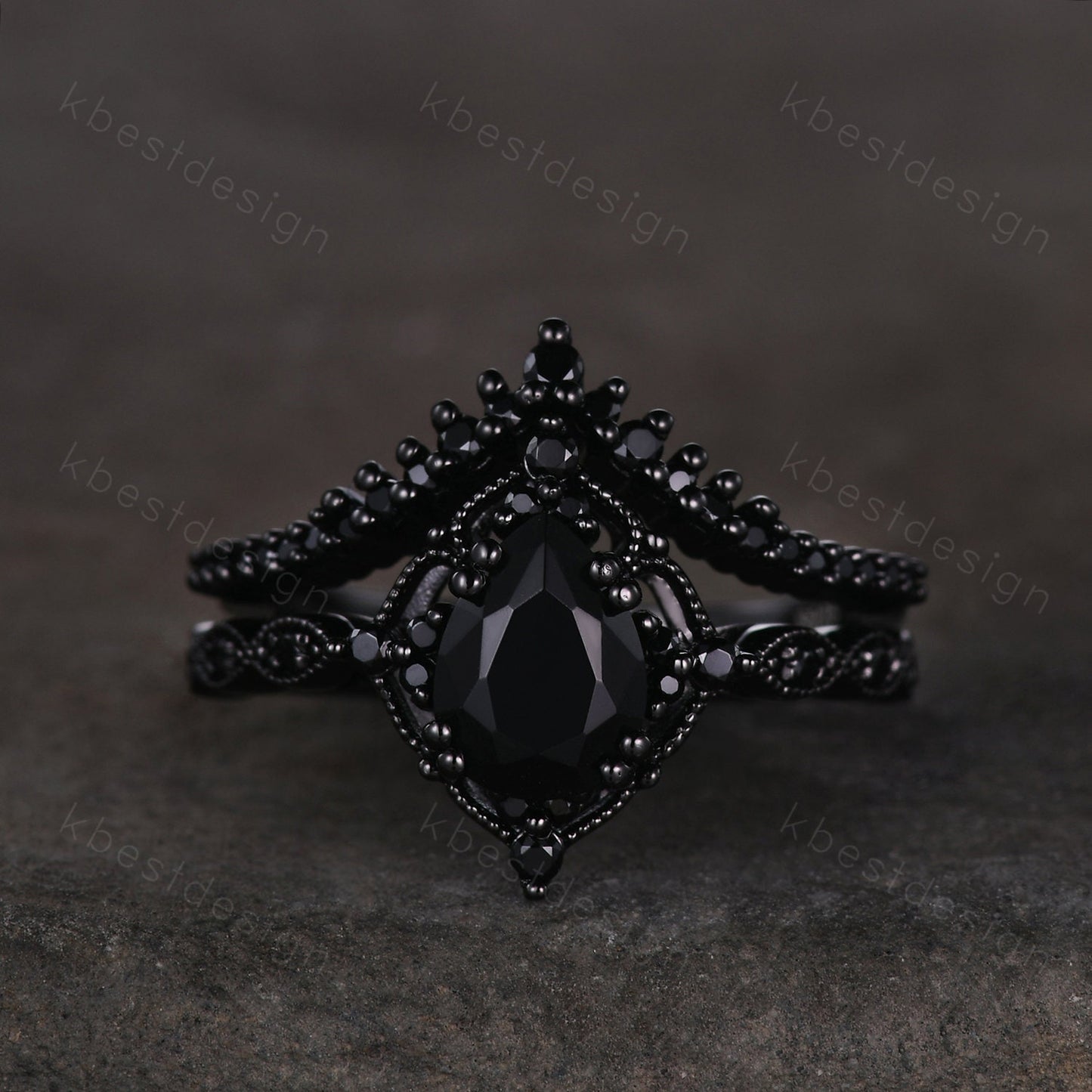 Vintage black onyx engagement ring black gold ring art deco curved stacking band pear shaped bridal set unique black stone wedding set