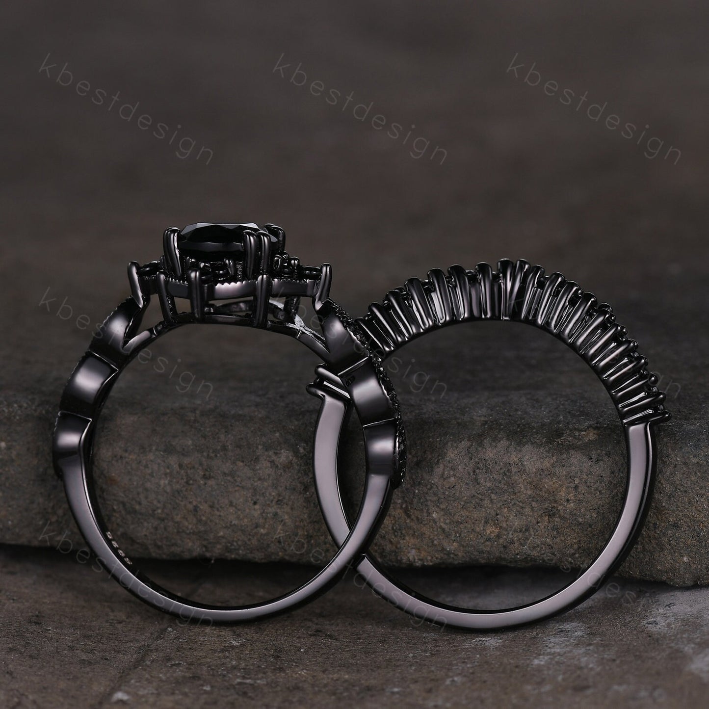 Vintage black onyx engagement ring black gold ring art deco curved stacking band pear shaped bridal set unique black stone wedding set