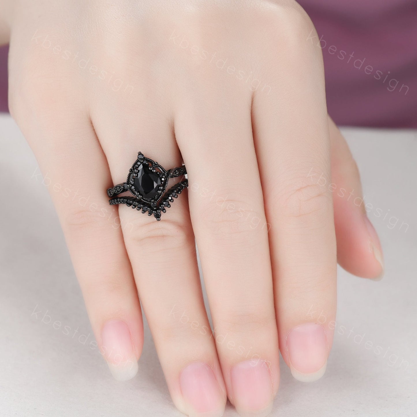 Vintage black onyx engagement ring black gold ring art deco curved stacking band pear shaped bridal set unique black stone wedding set