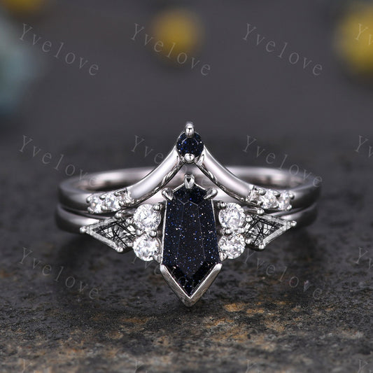Gothic Coffin Cut Sandstone Engagement Ring Set,Unique Nebula Ring,Kite Black Quartz Ring,Sterling Silver Galaxy Diamond Anniversary Gift