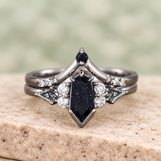 Gothic Coffin Cut Sandstone Engagement Ring Set,Unique Nebula Ring,Kite Black Quartz Ring,Sterling Silver Galaxy Diamond Anniversary Gift