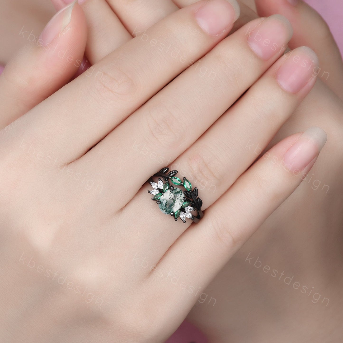 Vintage oval moss agate engagement ring set Curved emerald stacking band leaf style ring unique art deco bridal wedding ring set