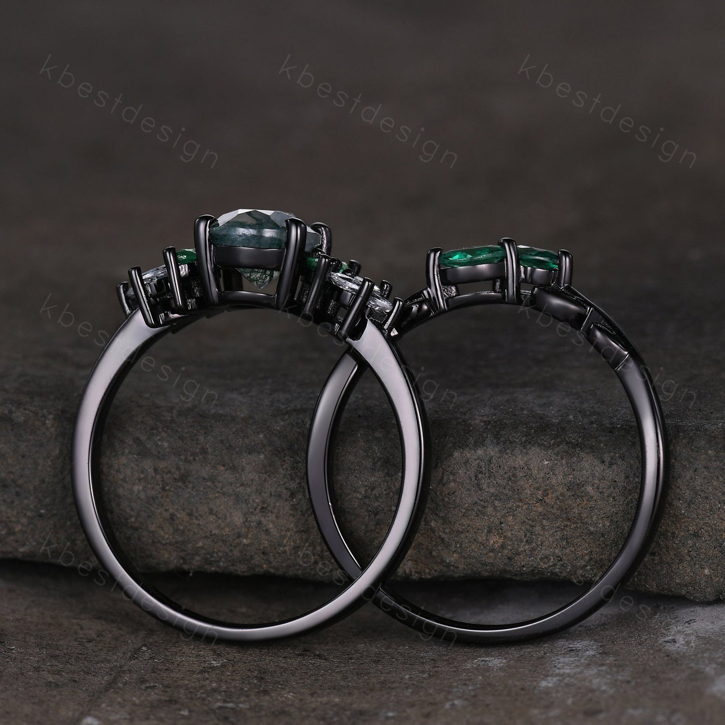 Vintage oval moss agate engagement ring set black gold cluster moissanite ring emerald stacking band unique art deco bridal wedding ring set