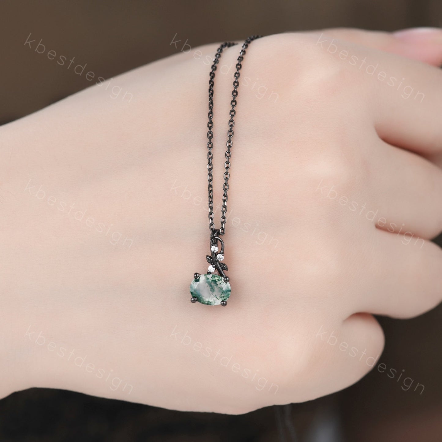 Vintage oval moss agate necklace art deco black gold green agate pendant necklace nature inspired necklace for women anniversary gift